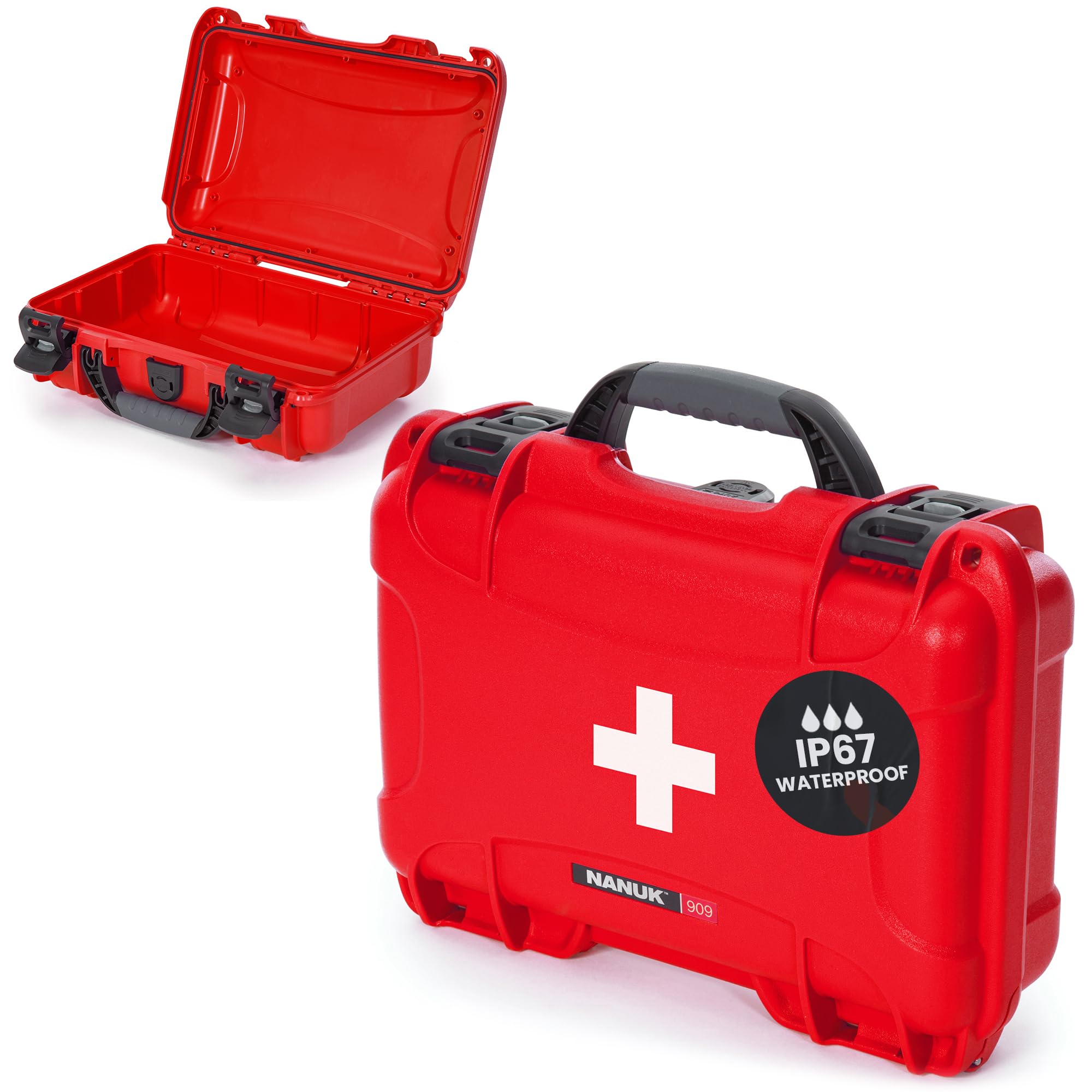 Waterproof NANUK 909 First Aid Box Empty – Durable, Medical Organizer Case, IP67-Rated, Dustproof, Impact-Resistant, and Floats (11.4" x 7.0" x 3.7") – Red