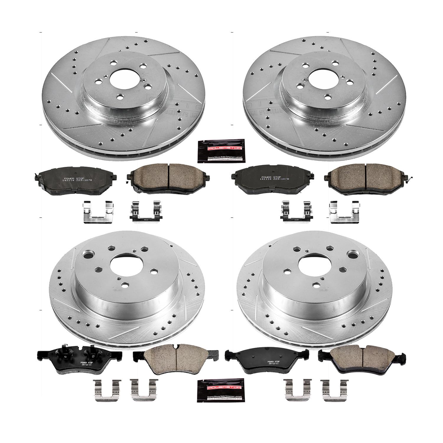 Power Stop K6931 Z23 Carbon Fiber Brake Pads Front and Rear with Drilled & Slotted Brake Rotors Kit For Subaru Forester 2014-2018 [Model Specific]