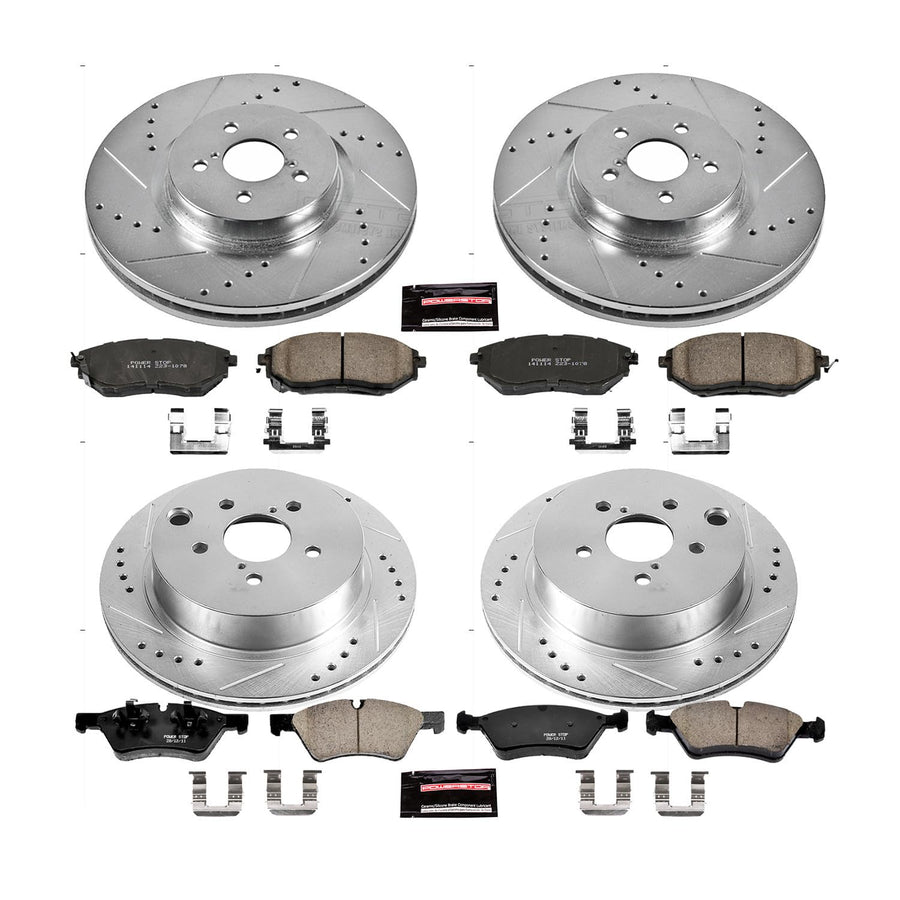 Power Stop K6931 Z23 Carbon Fiber Brake Pads Front and Rear with Drilled & Slotted Brake Rotors Kit For Subaru Forester 2014-2018 [Model Specific]