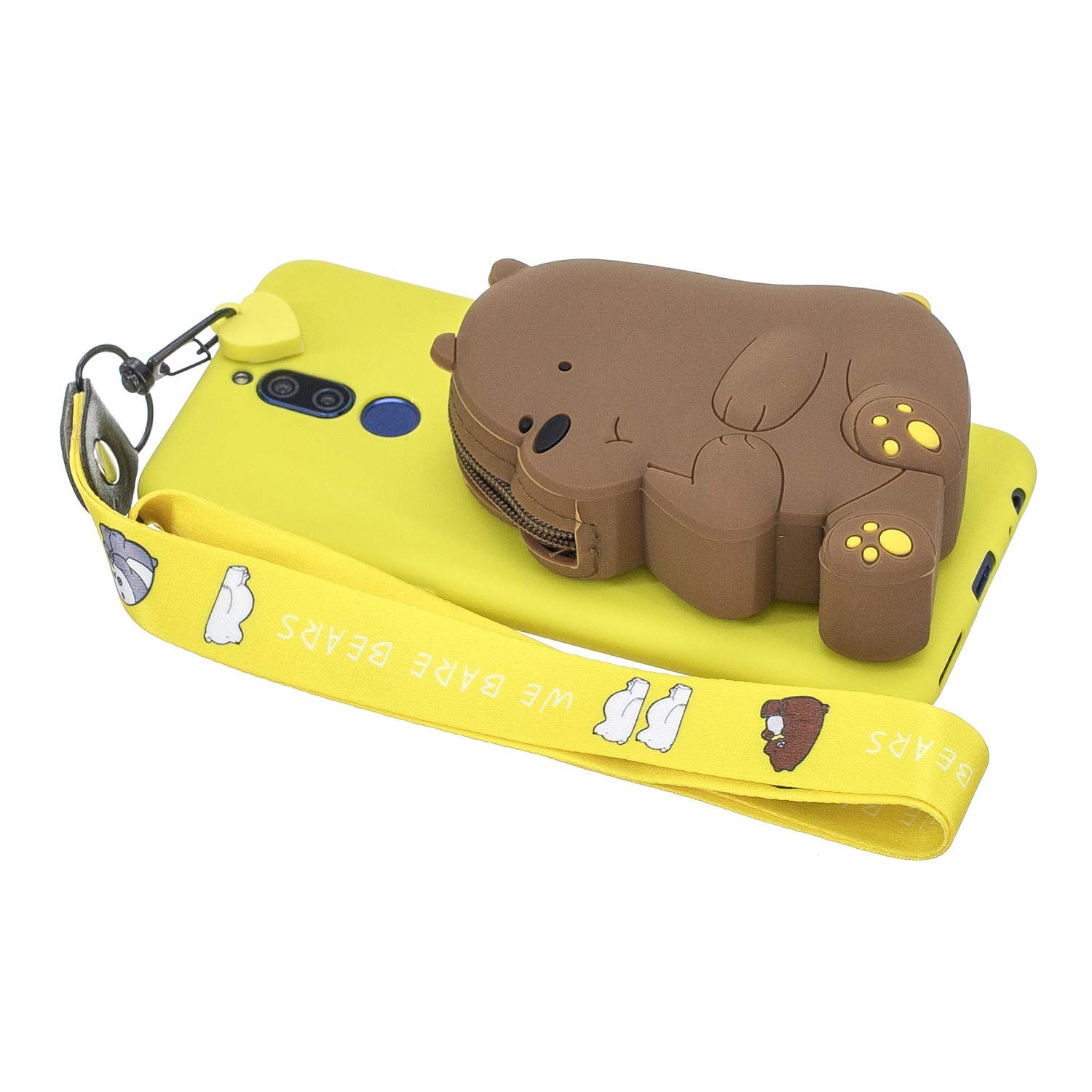 Artfeel Wallet Case with Zipper Pocket Compatible with Huawei Mate 10 Lite,Cute 3D Cartoon Animal Soft Silicone TPU Back Cover and Neck Lanyard Strap Protective Cover,Yellow Brown Bear