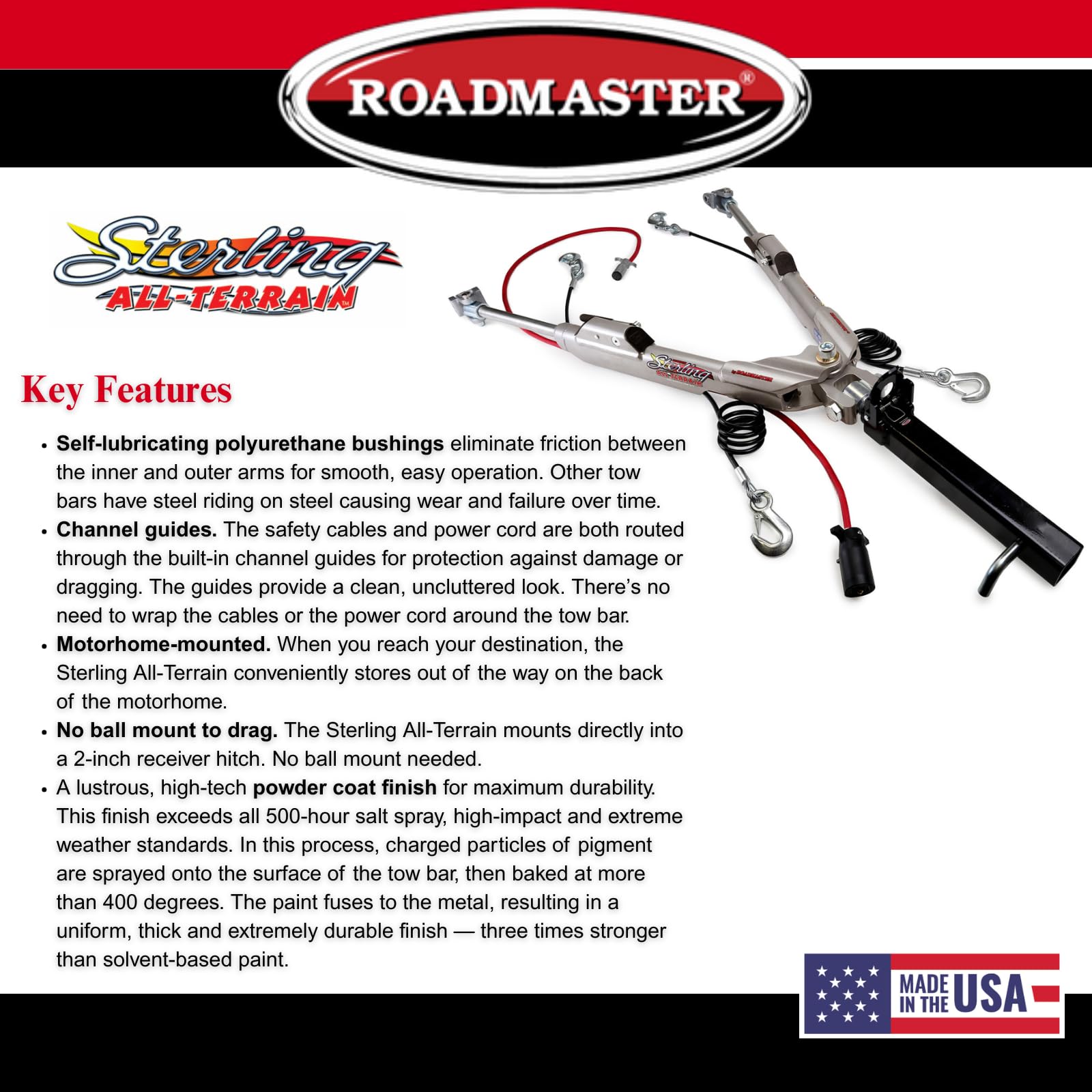 Roadmaster Sterling 576 All Terrain Tow Bar fits Roadmaster Baseplates | Hauls Up to 8,000 lbs | Non-Binding Design | Large Hook-Up Radius | Powder-Coated Finish