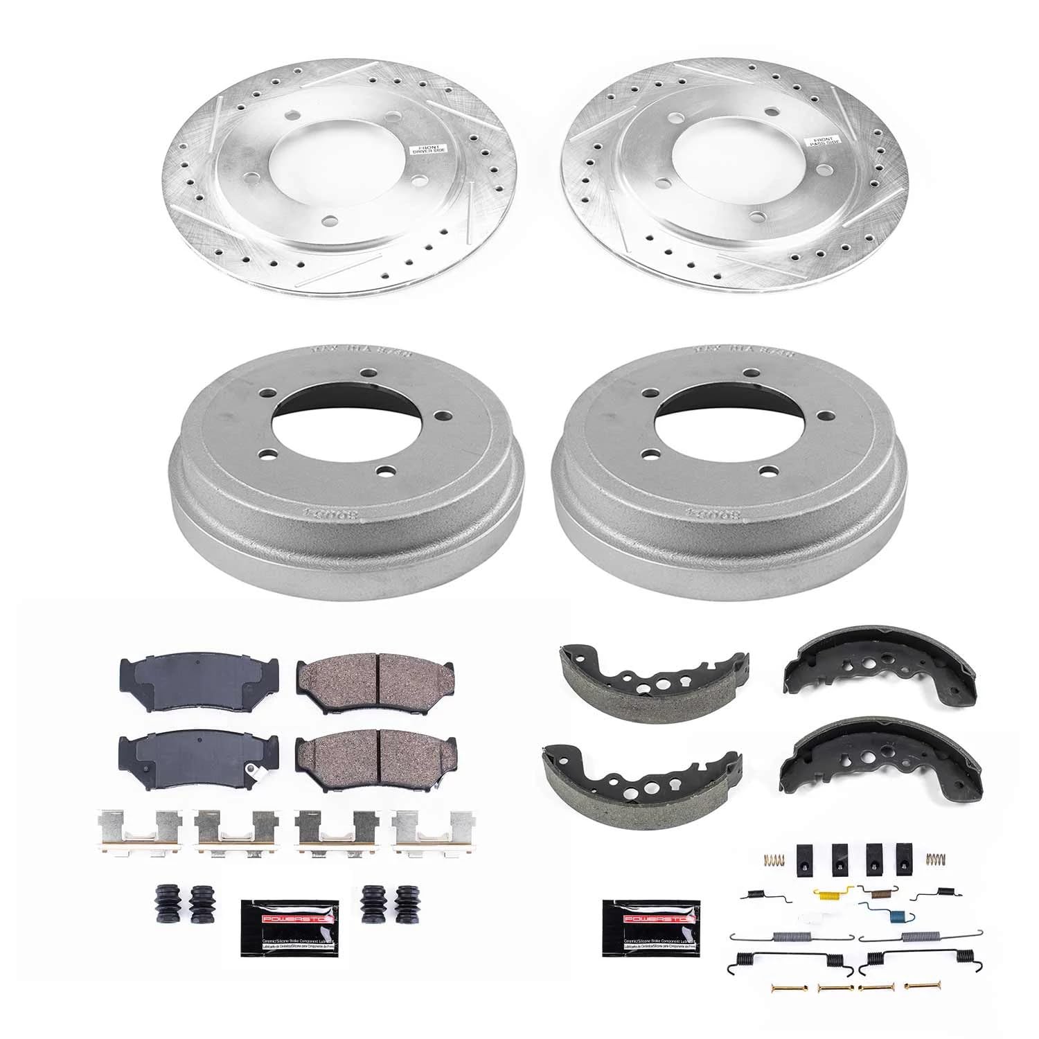Power Stop K15183DK Z23 Carbon Fiber Brake Pads Front and Rear with Drilled & Slotted Brake Drums Kit For Chevrolet Tracker 2000-2001 [Model Specific]