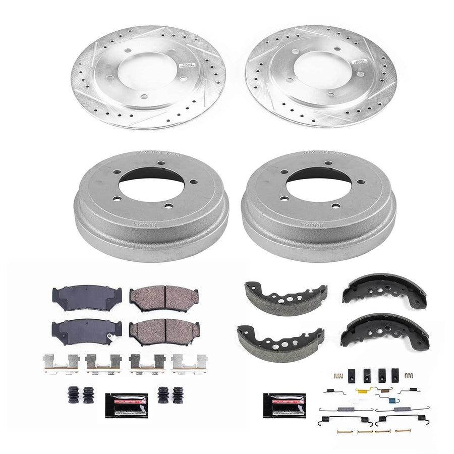 Power Stop K15183DK Z23 Carbon Fiber Brake Pads Front and Rear with Drilled & Slotted Brake Drums Kit For Chevrolet Tracker 2000-2001 [Model Specific]