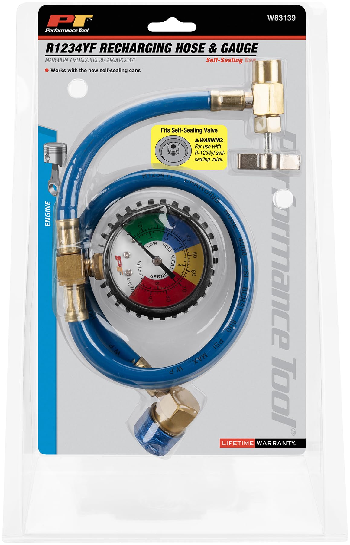 Self-Sealing Performance Tool W83139 R1234YF Refrigerant Can Recharging Hose and Gauge
