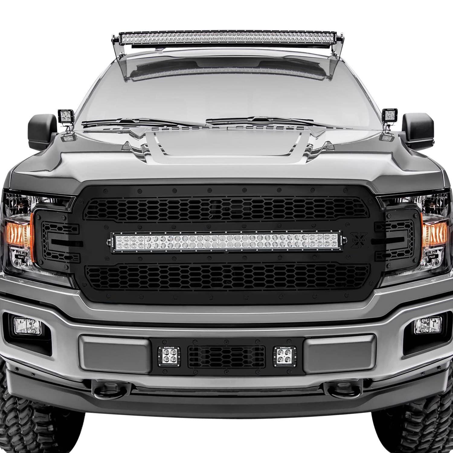 F-150 Limited, Lariat 2018-2020 Stealth Laser Torch Bumper Grille, Black, 1 Pc, Overlay, Black Studs with (2) 3 Inch LED Cube Lights - PN #7325711-BR