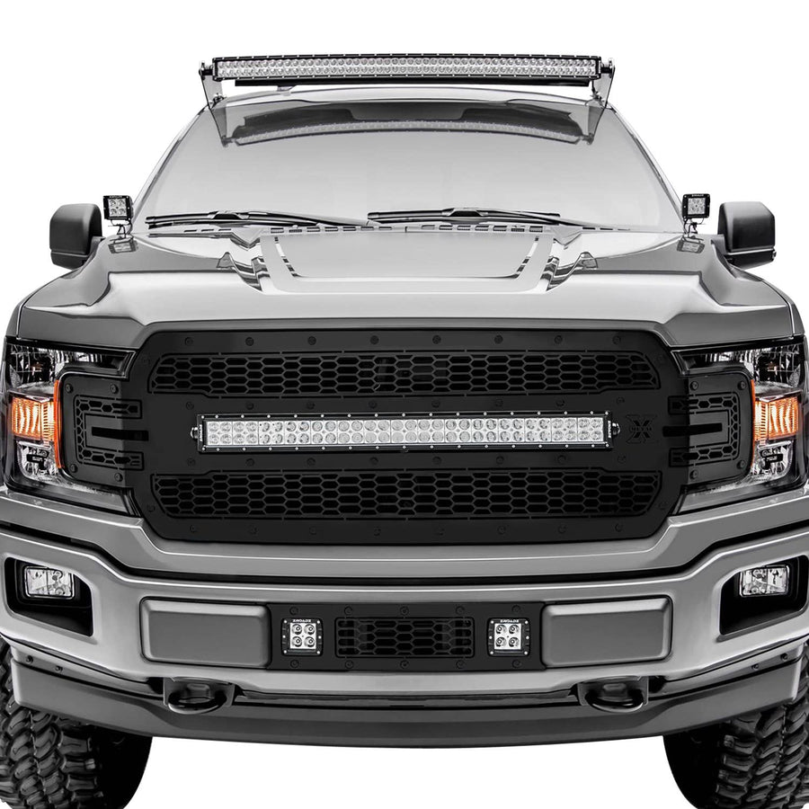 F-150 Limited, Lariat 2018-2020 Stealth Laser Torch Bumper Grille, Black, 1 Pc, Overlay, Black Studs with (2) 3 Inch LED Cube Lights - PN #7325711-BR