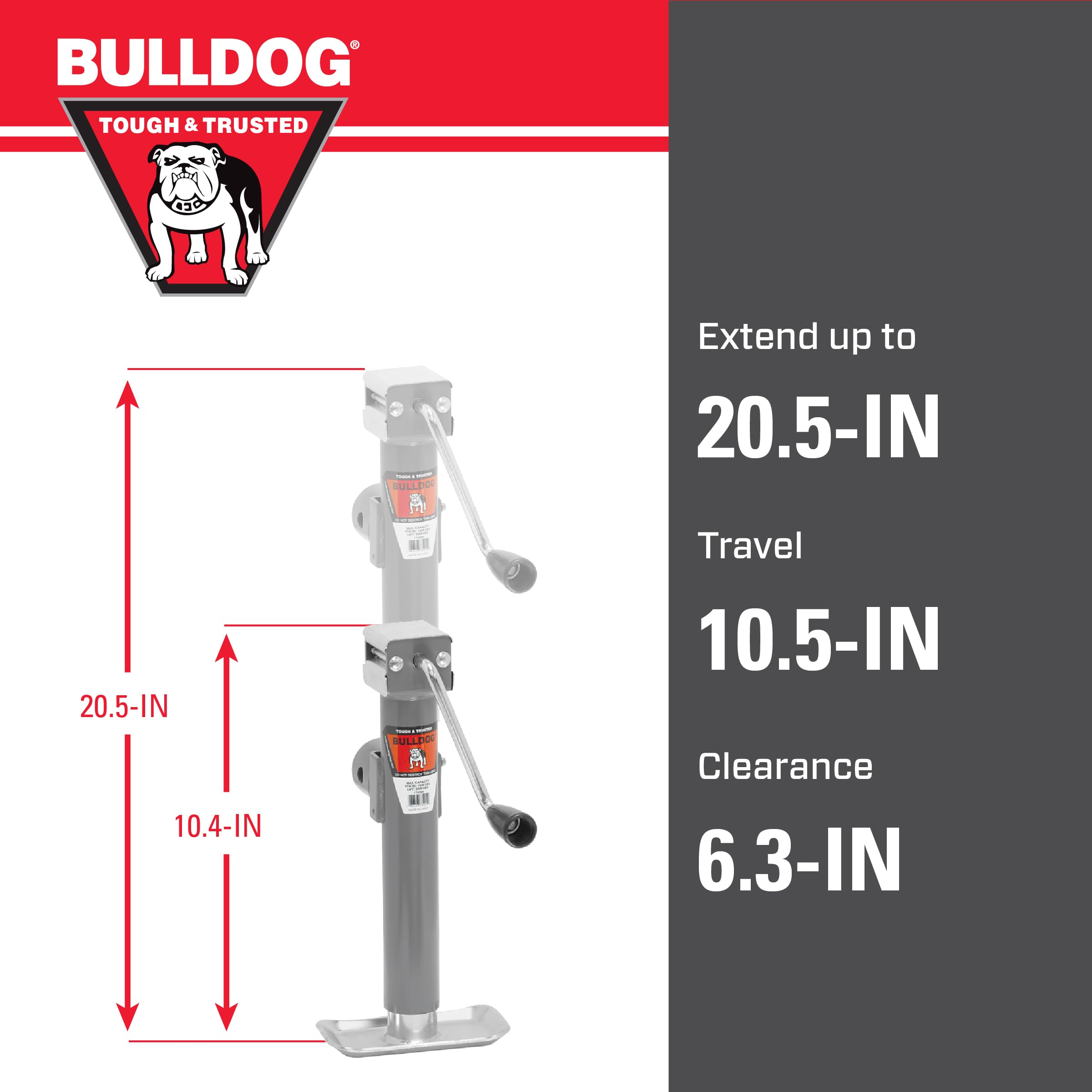Round Bulldog Trailer Jack, Side Mount, 5,000 lbs. Lift Capacity, Sidewind, Weld-On, 10 Inch Travel
