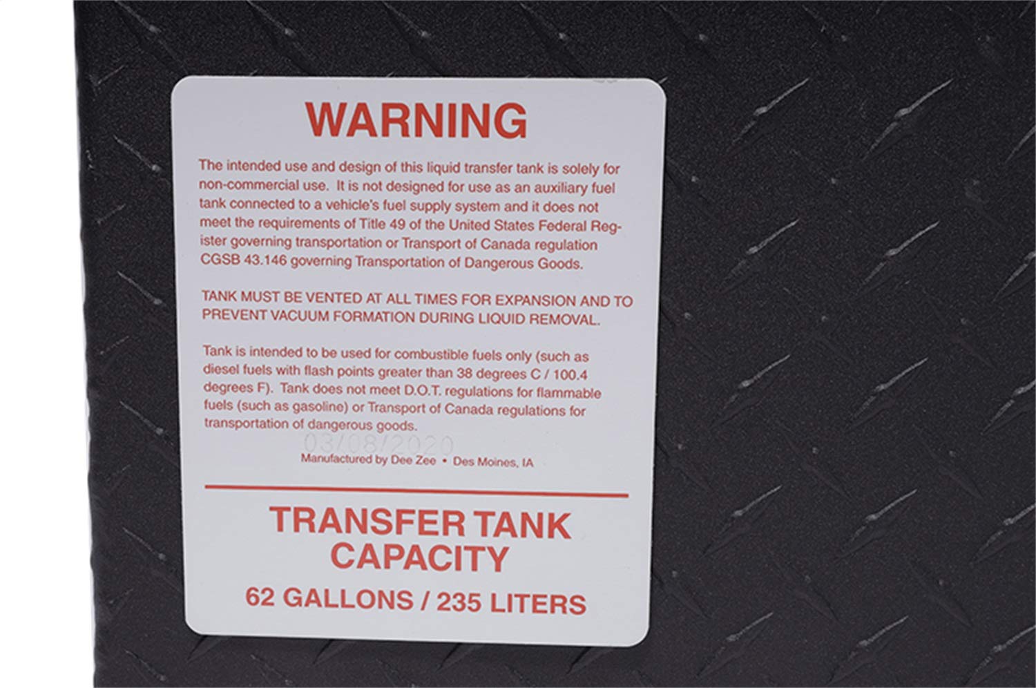 Black-Tread Diesel Combo Transfer Tank & Tool Box Dee Zee DZ92847TB (75 Gallon) with Pump