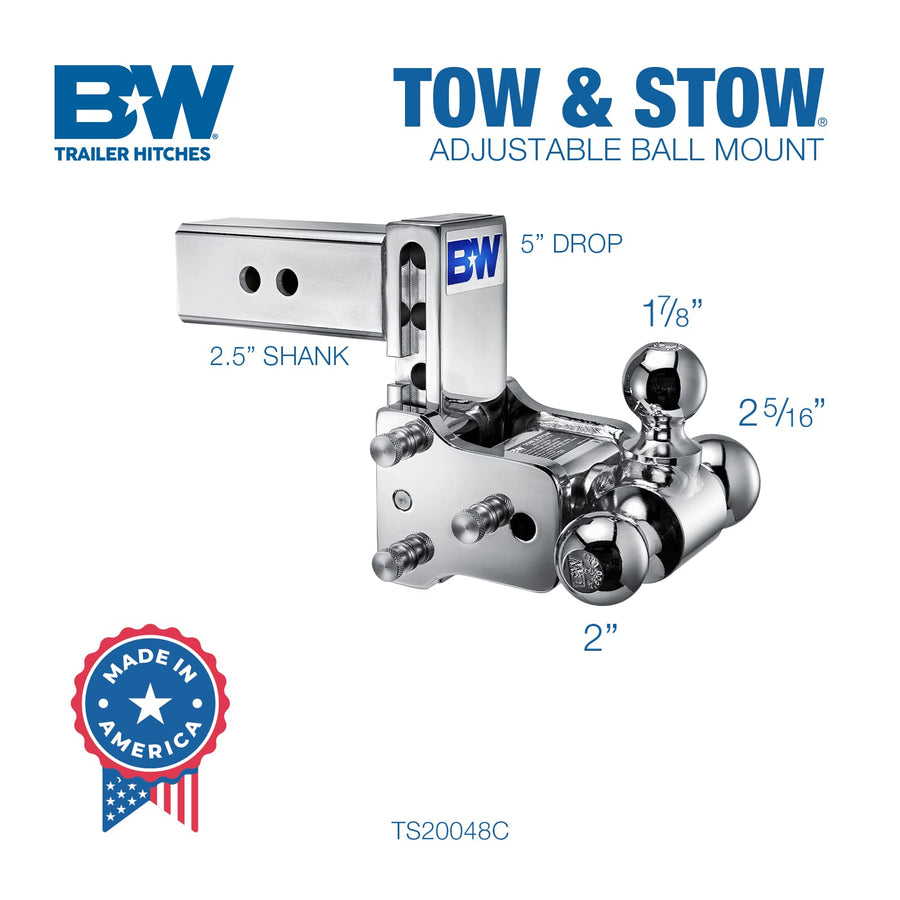 B&W Trailer Hitches Tow & Stow Chrome Adjustable Trailer Hitch Ball Mount - Fits 2.5" Receiver, Tri-Ball (1-7/8" x 2" x 2-5/16"), 5" Drop, 18,000 GTW - TS20048C