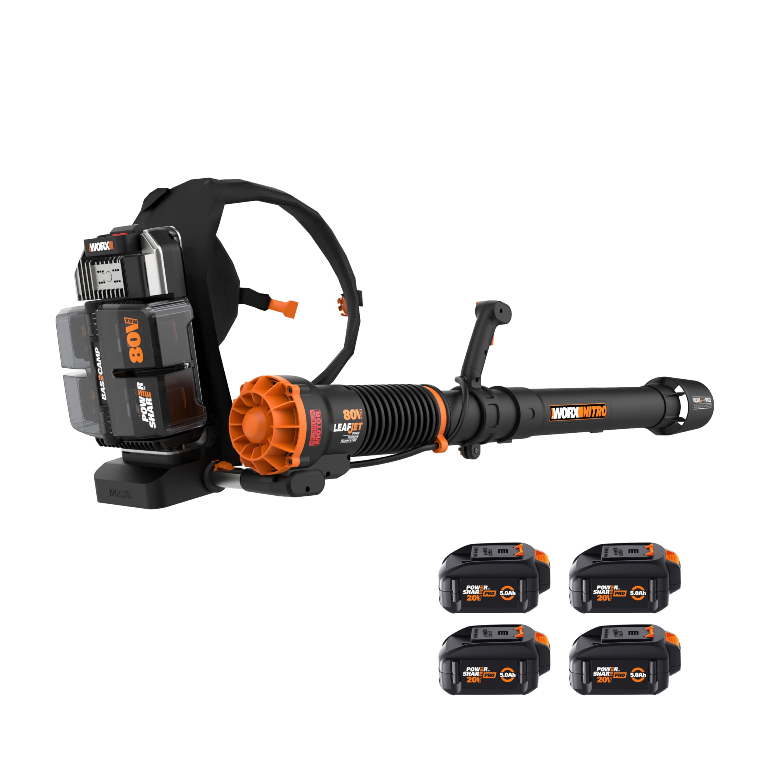 WORX Nitro 80V Cordless Leaf Blower, Backpack Blower with 150MPH & 800CFM, Electric Blower for Lawn Care with Brushless Motor & Variable Air Control, 4 Batteries & Basecamp Charger Included