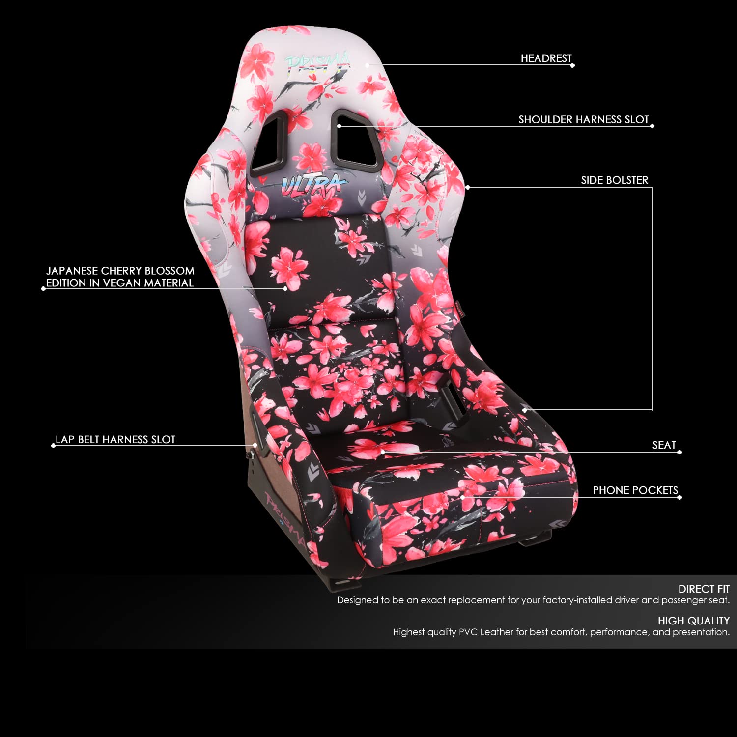 NRG Innovations Prisma FRP-303-SAKURA Fixed Back Bucket Racing Seat with Bottom Mount Bracket,Ombre Sakura Print/Pink Sparkled Paint Back
