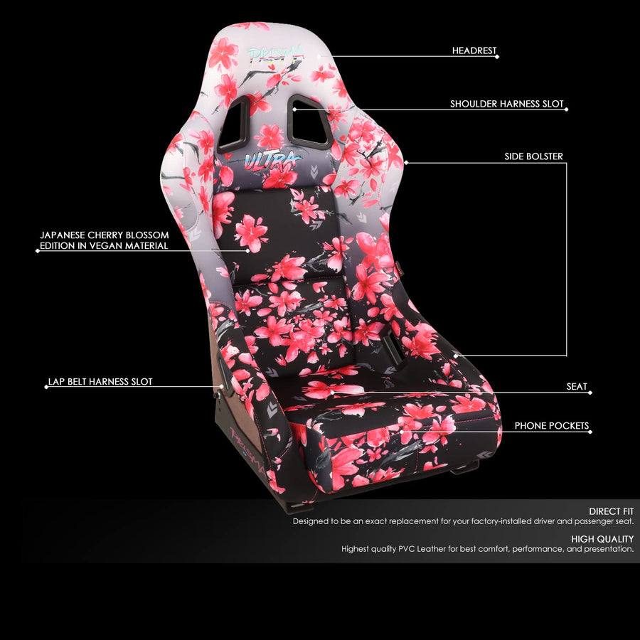 NRG Innovations Prisma FRP-303-SAKURA Fixed Back Bucket Racing Seat with Bottom Mount Bracket,Ombre Sakura Print/Pink Sparkled Paint Back