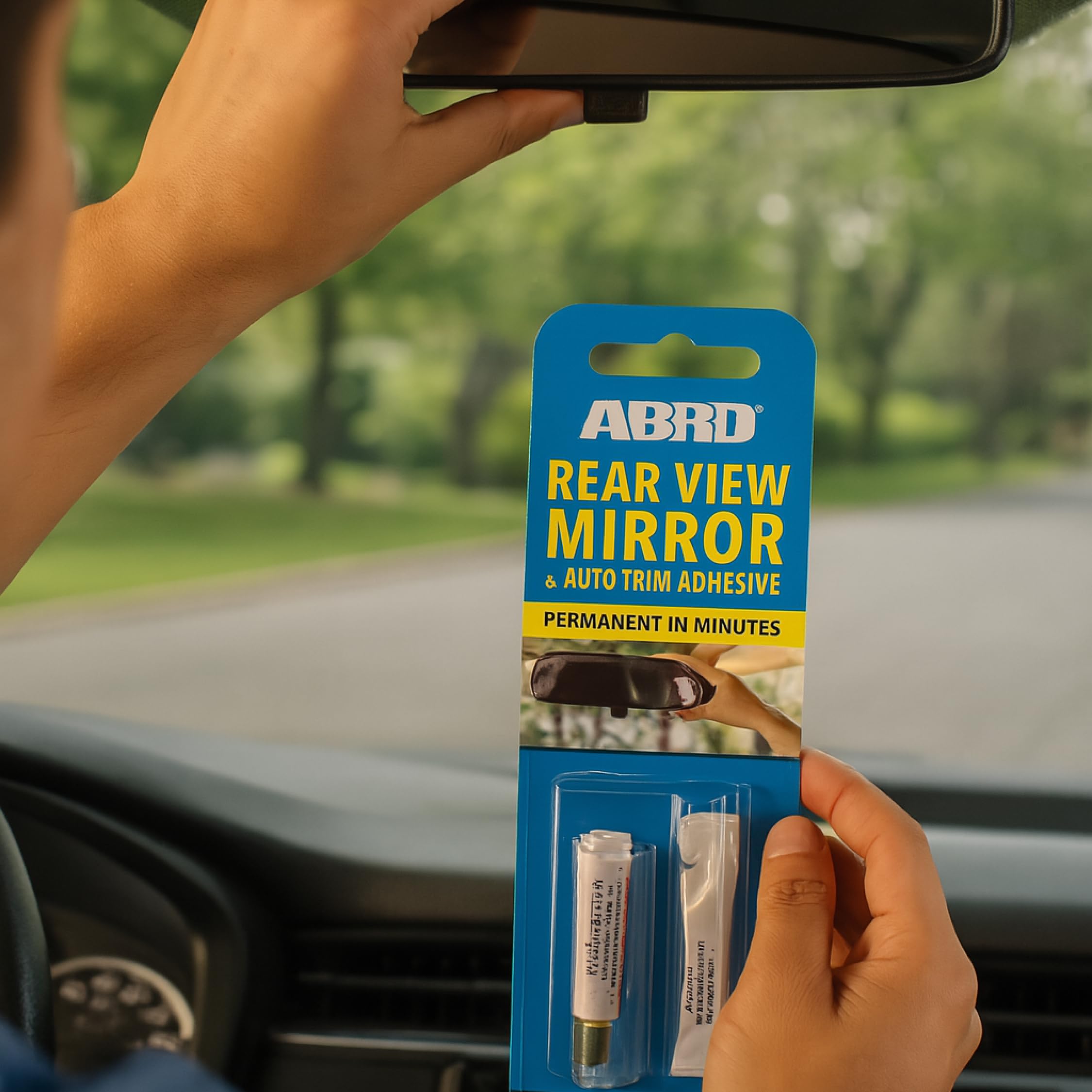 ABRO Adhesive Rear View Mirror, Two-Step Application, Ultra-Strong Permanent Bond, Ideal for Auto Trim Attachment, Quick-Set Solution for Mirrors, Trim, and Moldings