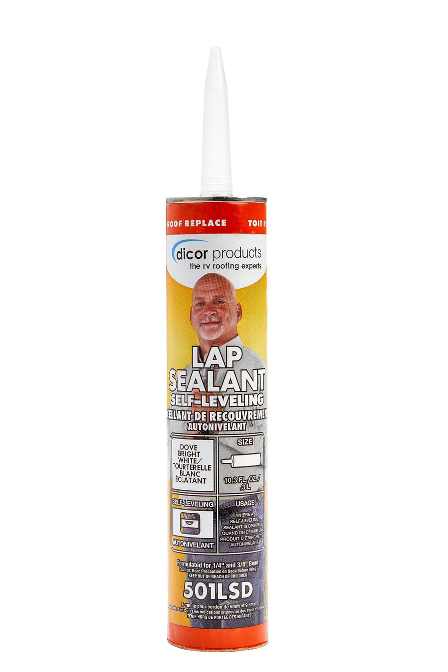 Dicor HAPS-Free 501LSD-1 Self-Leveling Lap Sealant for horizontal surfaces - 10.3 Oz, Dove (Bright White), Secure, Ideal for RV Roofing, Maintenance, Repair, Appliance Application