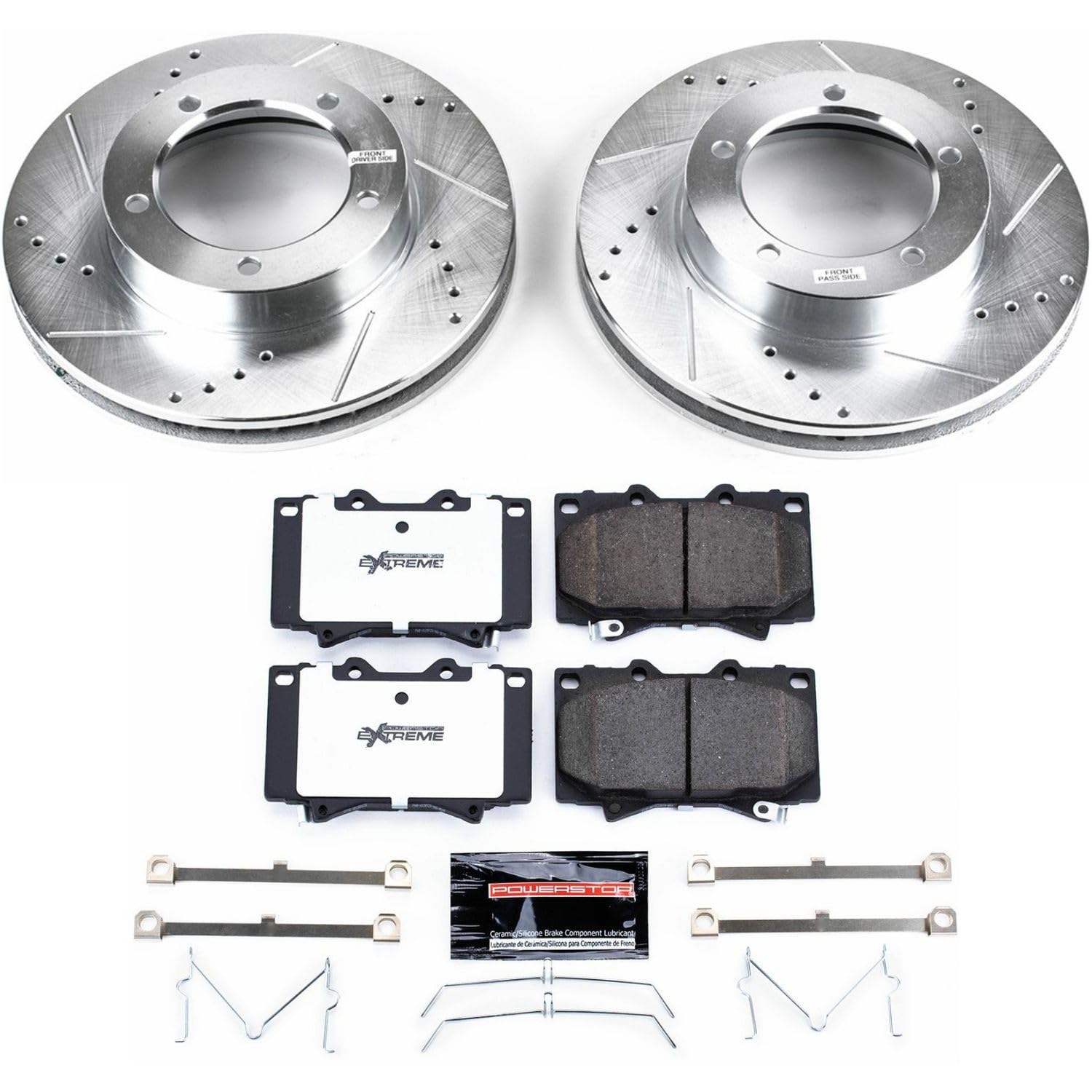 Power Stop Front Brake Kit For 1998 1999 2000 2001 2002 2003 2004 2005 2006 2007 Lexus LX470 - Carbon Fiber Ceramic Brake Pads & Truck & Tow Drilled and Slotted Rotors Replacement, K1132-36