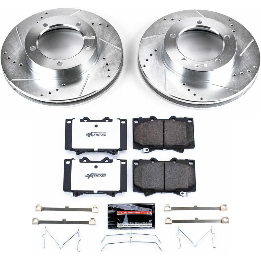 Power Stop Front Brake Kit For 1998 1999 2000 2001 2002 2003 2004 2005 2006 2007 Lexus LX470 - Carbon Fiber Ceramic Brake Pads & Truck & Tow Drilled and Slotted Rotors Replacement, K1132-36
