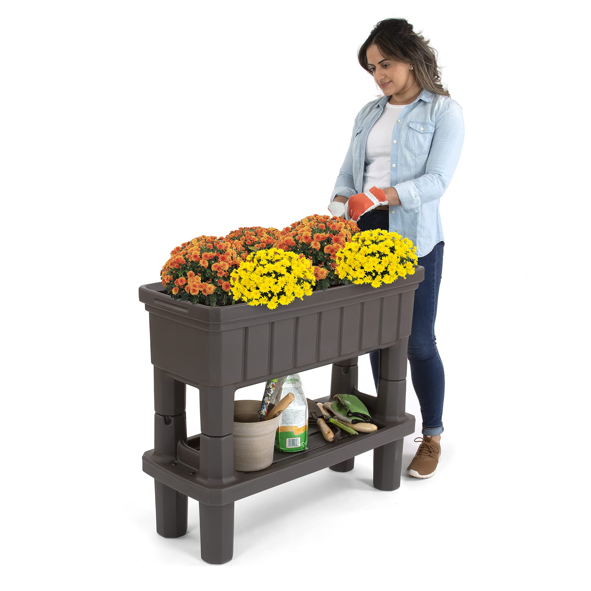 Simplay3 Raised Garden Bed American Home Outdoor Planter with Garden Tools Storage Shelf, 36" L x 30" H Garden Bed, Dark Brown