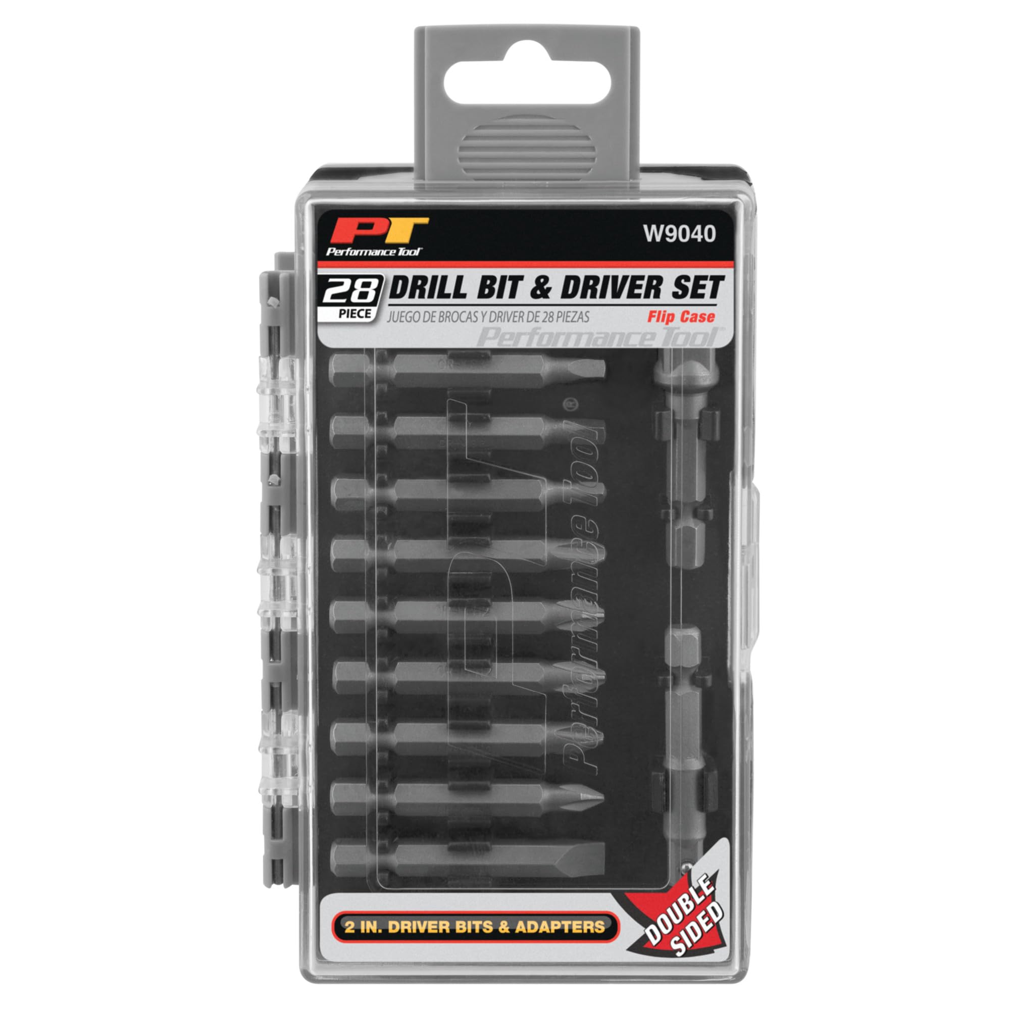 28pc Performance Tool W9040 1/4-Inch Titanium Coated Drill Bit and Driver Set with Socket Adapters, Flip Case and Hanger Tab