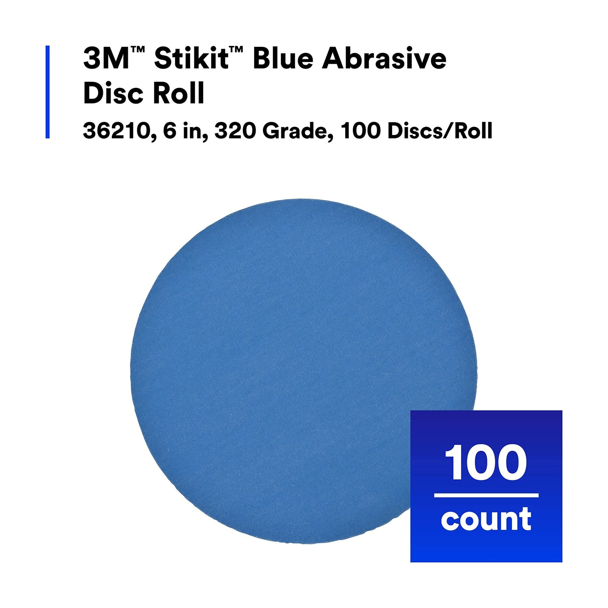3M Blue Stikit Abrasive Disc Roll, 36210, No Hole, 6 in, 320+ Grade, Pack of 100, Automotive Sanding Discs for Coating Removal, Body Repair, Auto Sanding, Primer Sanding