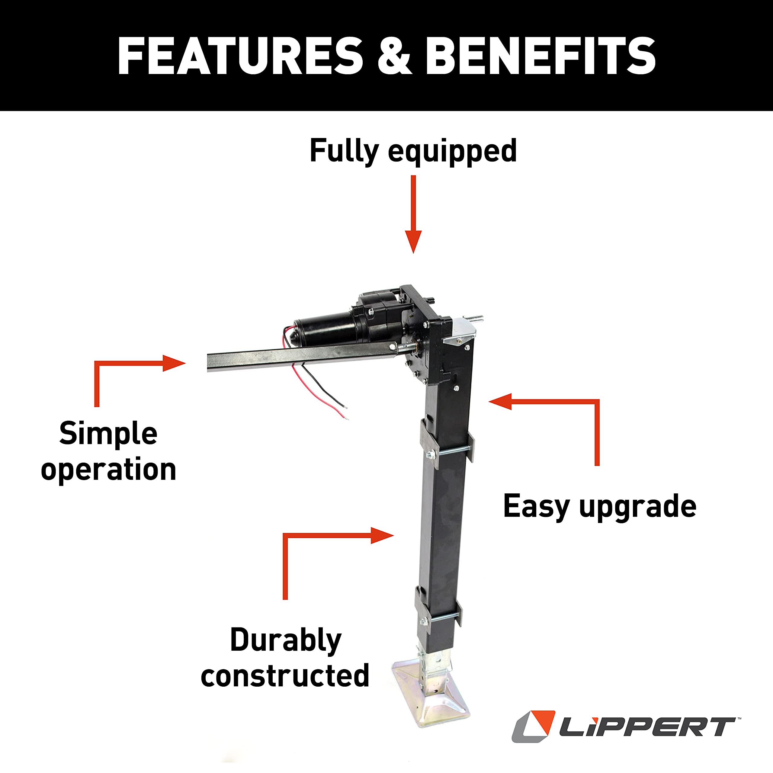 Lippert Universal-Mount Replacement Power 5th Wheel Landing Gear Kit - 6,000-Pound Capacity, 21" Stroke, Includes Legs, Foot Pads, Pins, Gears, Motors, Switch, Mounting Brackets, Crank Handle - 333964