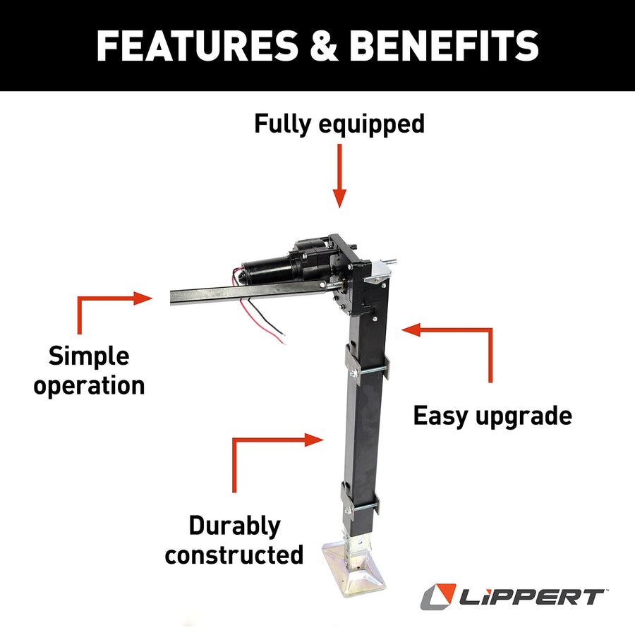 Lippert Universal-Mount Replacement Power 5th Wheel Landing Gear Kit - 6,000-Pound Capacity, 21" Stroke, Includes Legs, Foot Pads, Pins, Gears, Motors, Switch, Mounting Brackets, Crank Handle - 333964