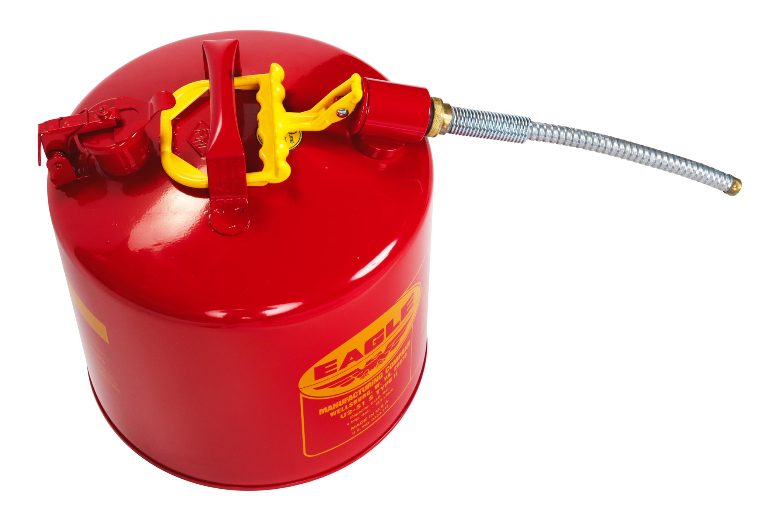 5 Gallon Eagle Type II Red Safety Gas Can for Gasoline with Flame Arrester, Self-Closing Lid, and 12" x 5/8" Flexible Metal Hose, Made in the USA, Galvanized Steel Flammable Storage Can, U251SX5