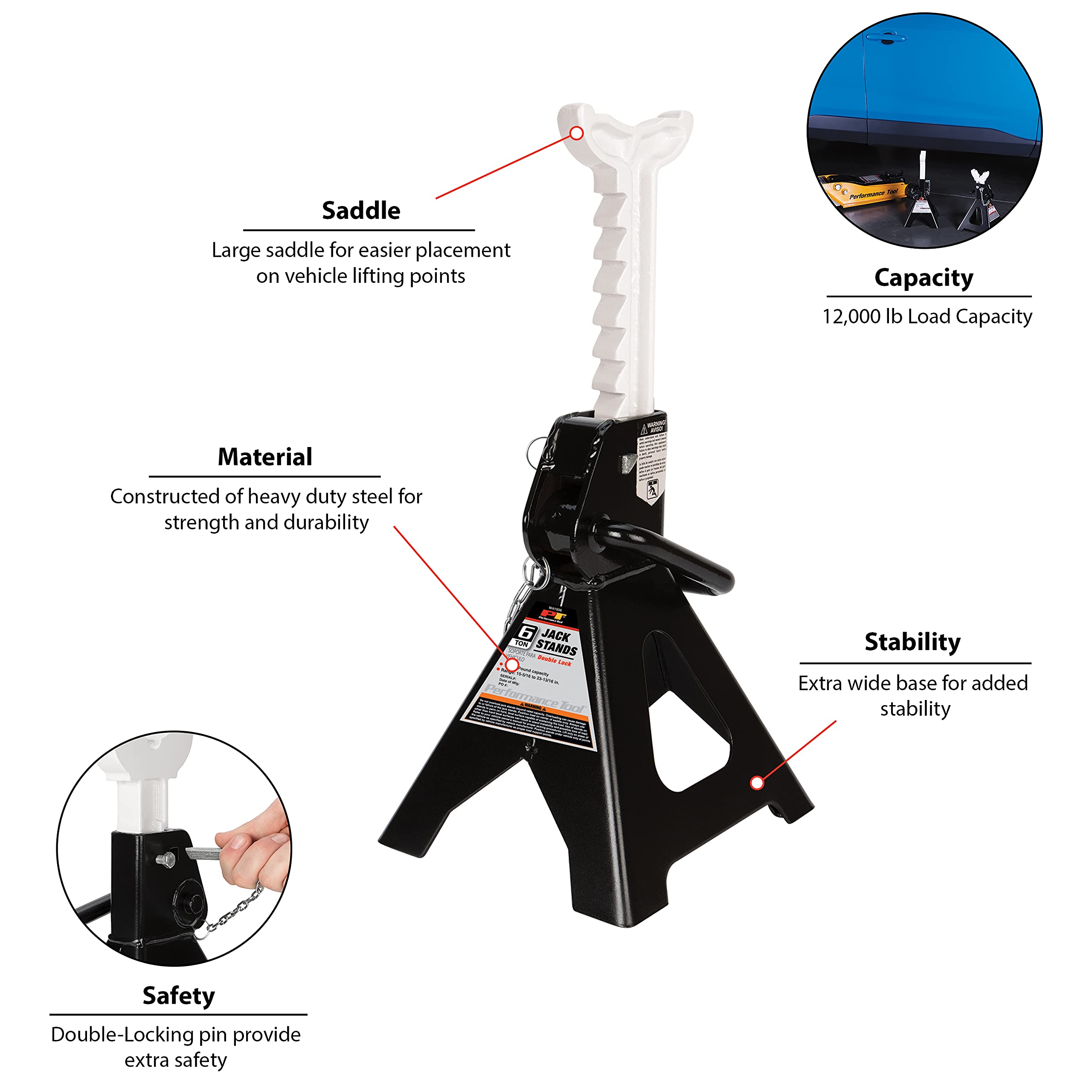 6 Ton Performance Tool W41006 Double Lock Jack Stands (Pair)