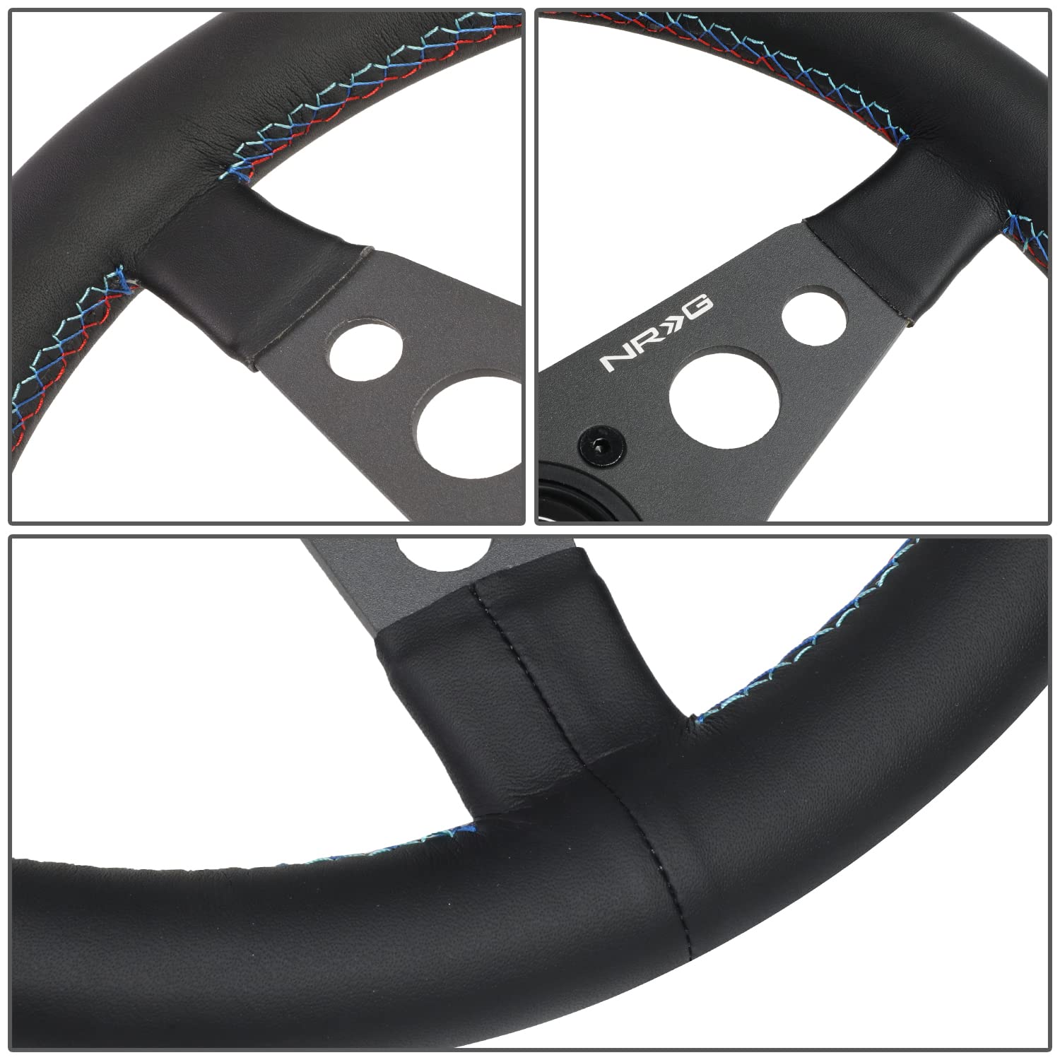 NRG Innovations 350mm Black Leather Reinforced Sport Steering Wheel NRG-RST-068BK, 3 Black Spokes with Stitching and non Deep Dish