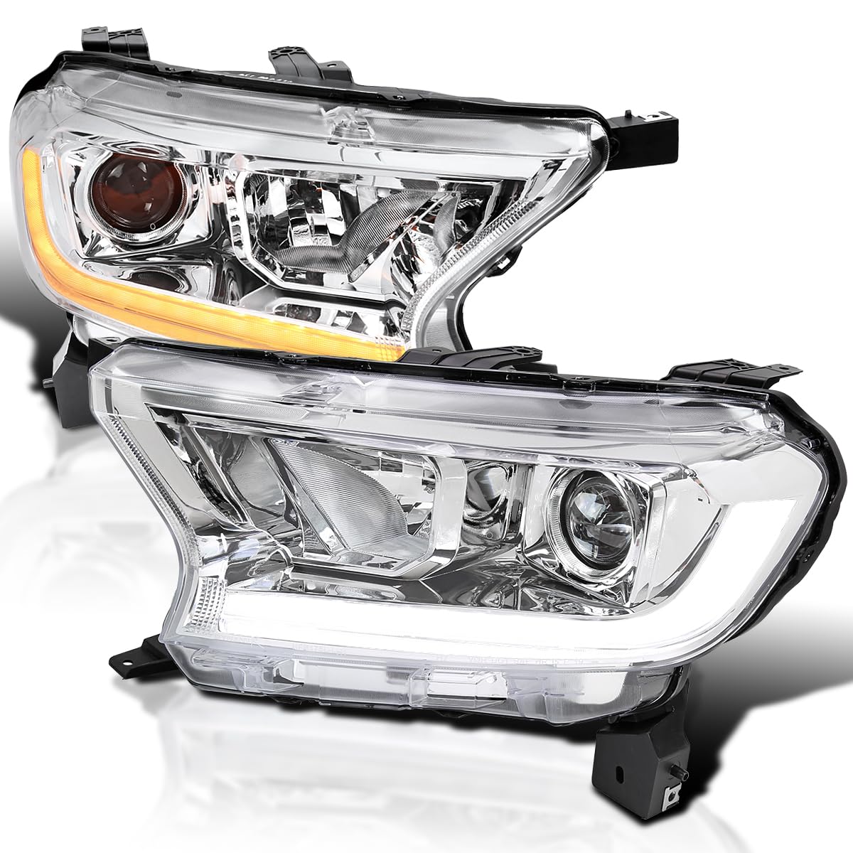 Chrome Sequential Projector Headlights SPEC-D TUNING Compatible with 2019-2022 Ford Ranger XL/XLT, Left + Right Pair Headlamps Assembly