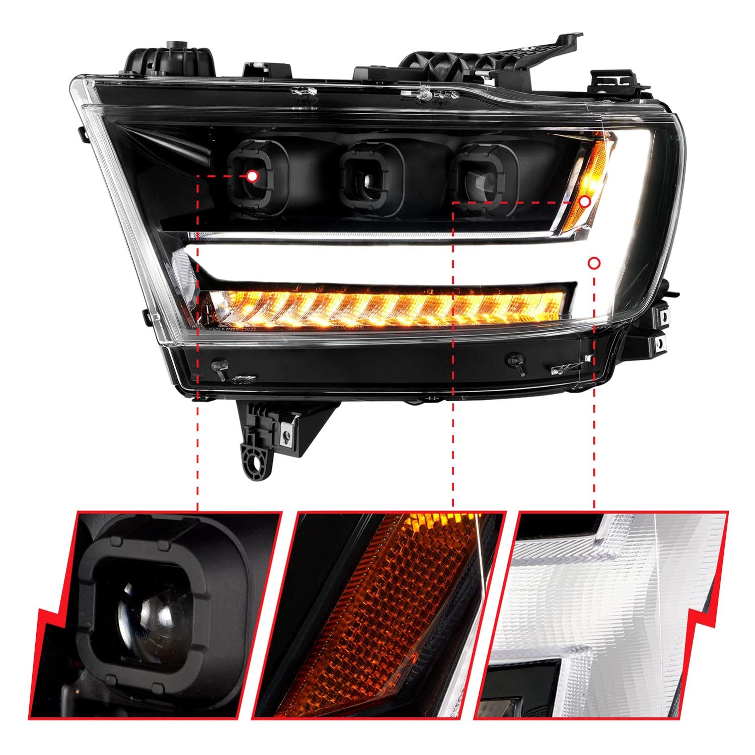 FULL LED ANZO USA Projector Headlights Compatible w/ 19-21 Ram 1500 (DRIVER SIDE ONLY)