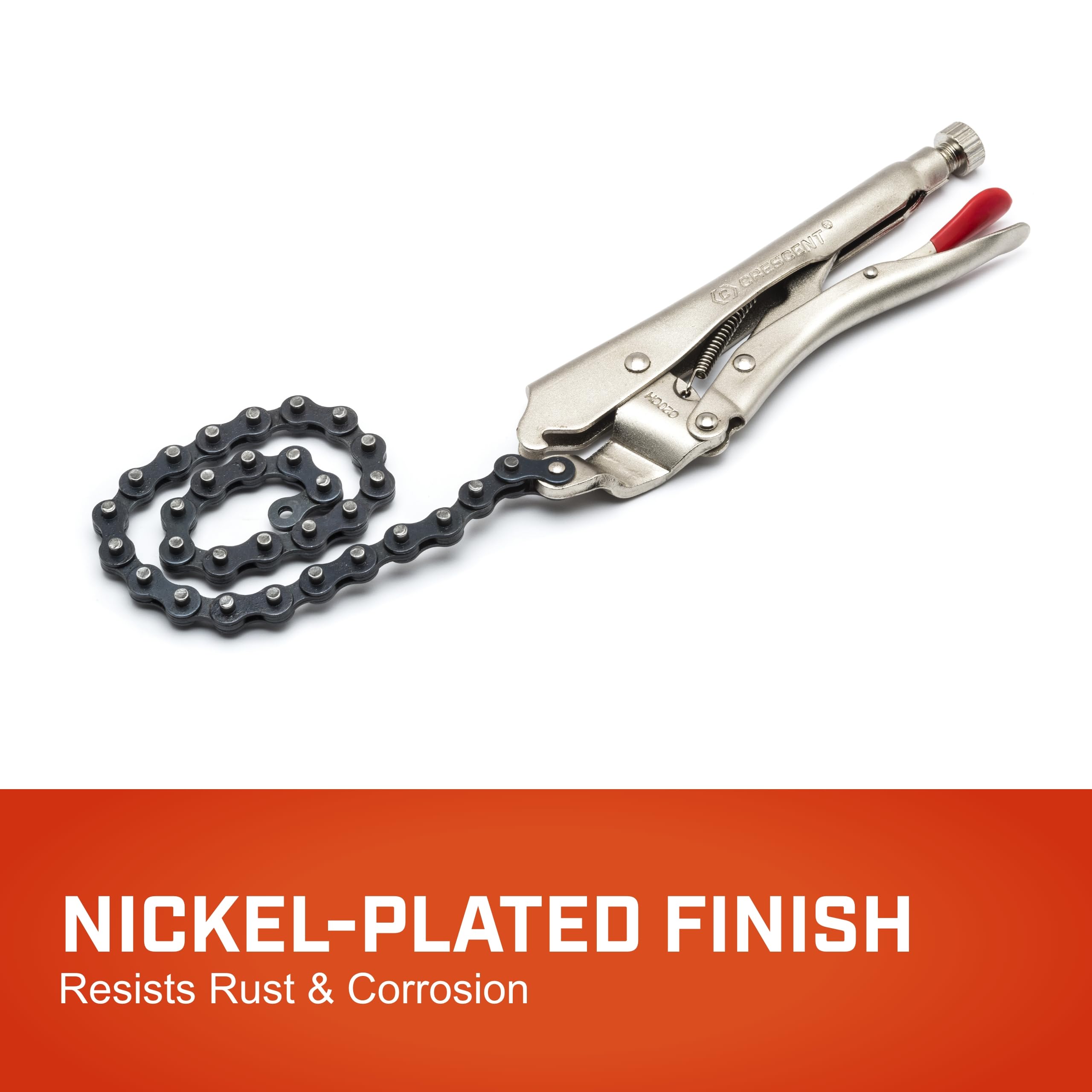 Crescent Chain Clamp Locking with 18" Chain - Nickel-Plated Metal Clamp - Features Compound Action & Hex Key Receiver - C20CHN - 9", Red