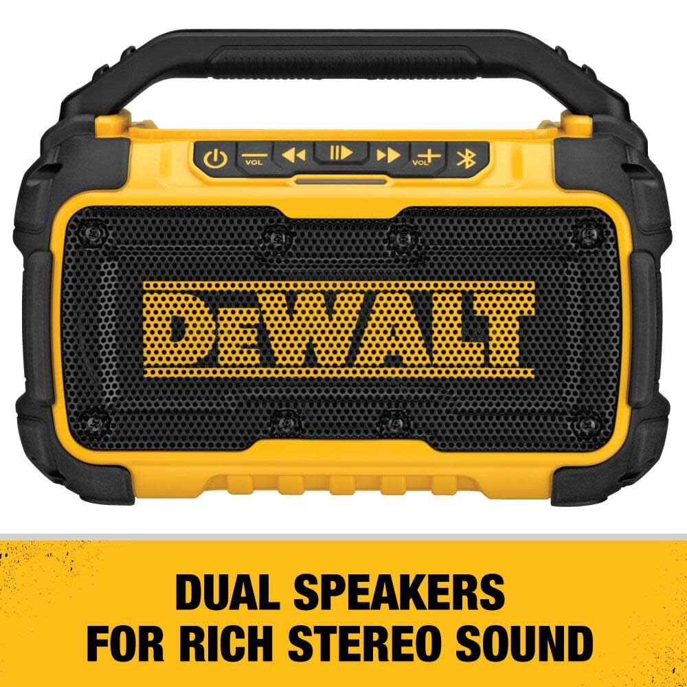 DEWALT Bluetooth Speaker 20V MAX, 100 ft Range, Durable for Jobsites, Phone Holder Included, Lasts 8-10 Hours with Single Charge (DCR010)