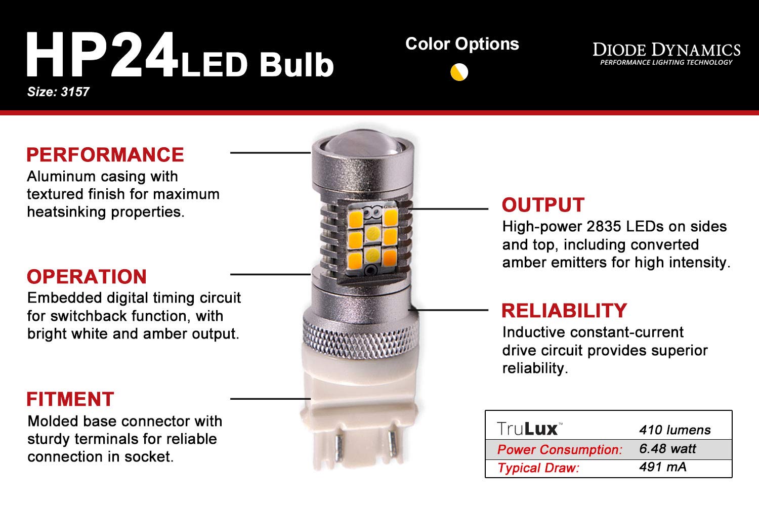 HP24 3157 LED Bulb Dual-Color LED Cool White Single Diode Dynamics