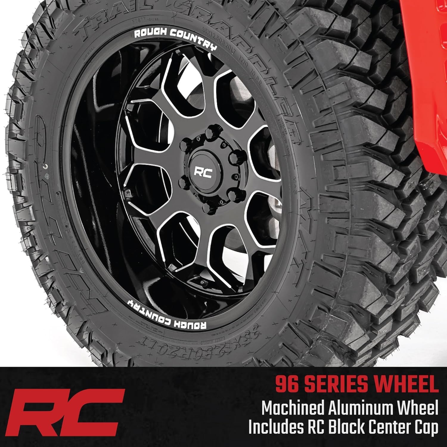 20x10 Rough Country One-Piece Aluminum Wheel, 8x6.5" Bolt Pattern, 19mm Offset - Gloss Black w/Milled Accents, 8-Spoke, Lightweight with Center Cap