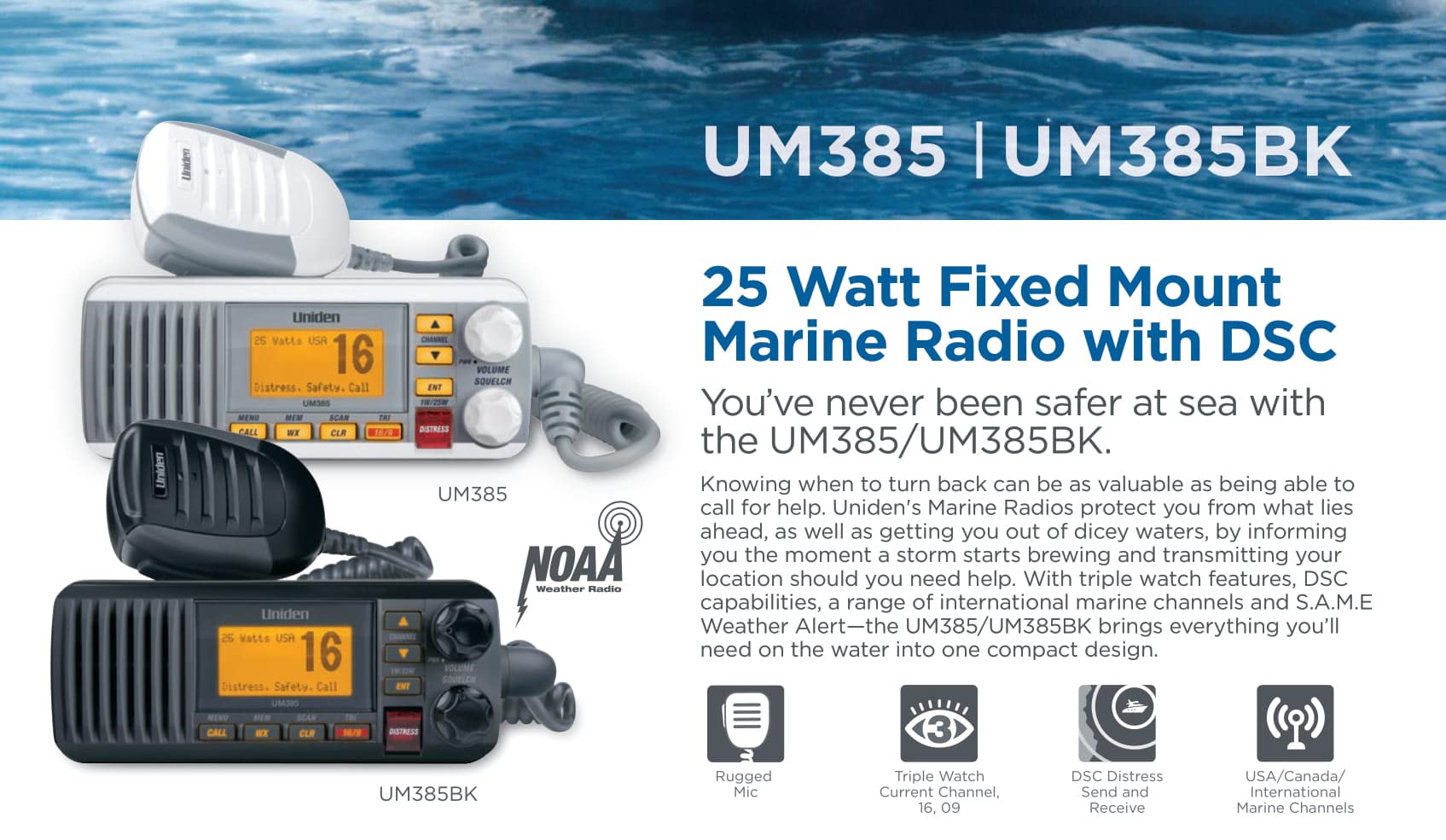 25 Watt Uniden UM385 Fixed Mount Marine Vhf Radio, Waterproof IPX4 with Triple Watch, Dsc, Emergency/Noaa Weather Alert, All Usa/International/Canadian Marine Channels, Memory Channel Scan, White