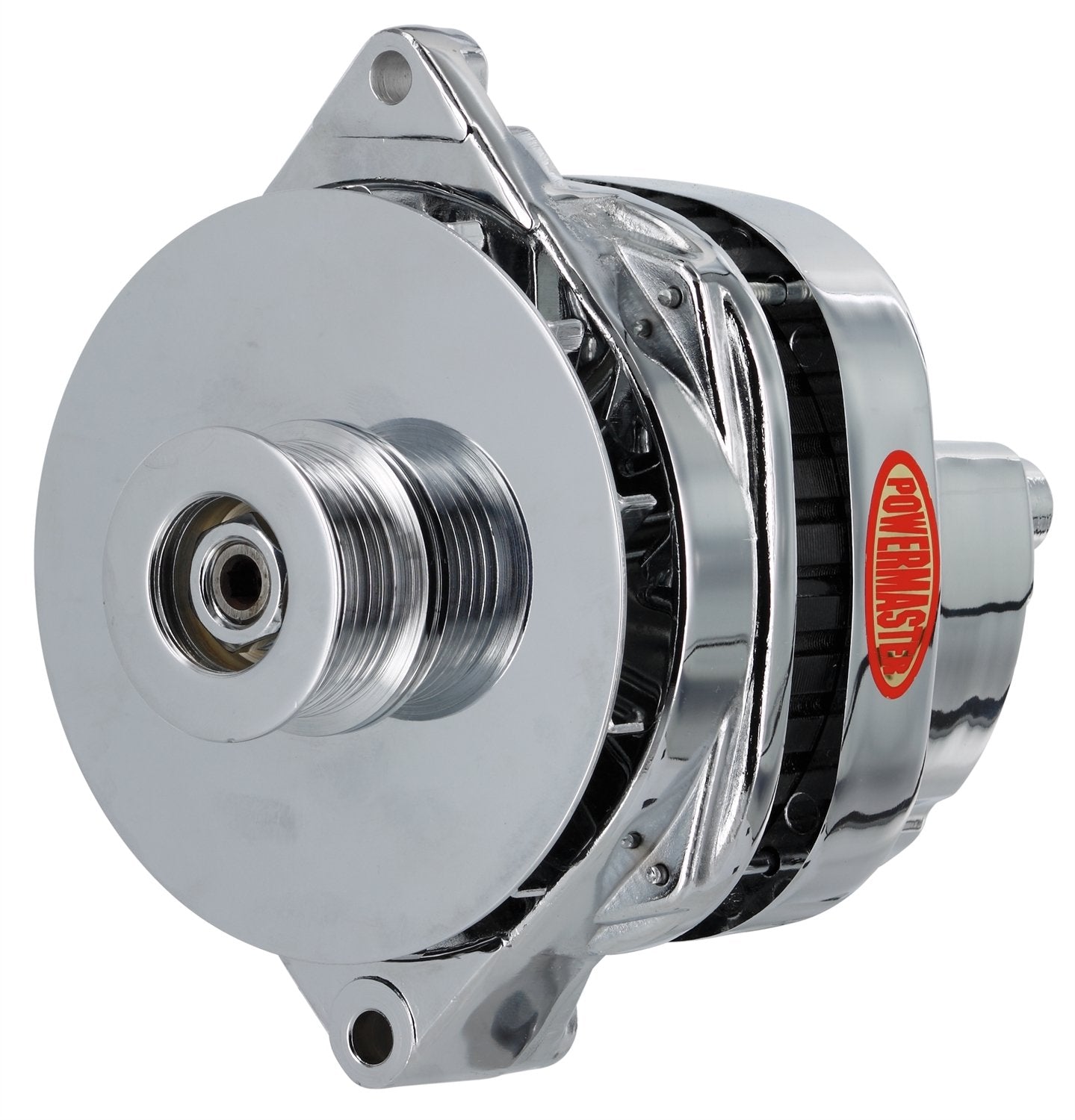 Alt GM CS144 Chrome 200A 6 grv Pulley/Baffle Str MTG Unthreaded MTG Ear for Powermaster Impala etc 1-Wire or OE Hookup