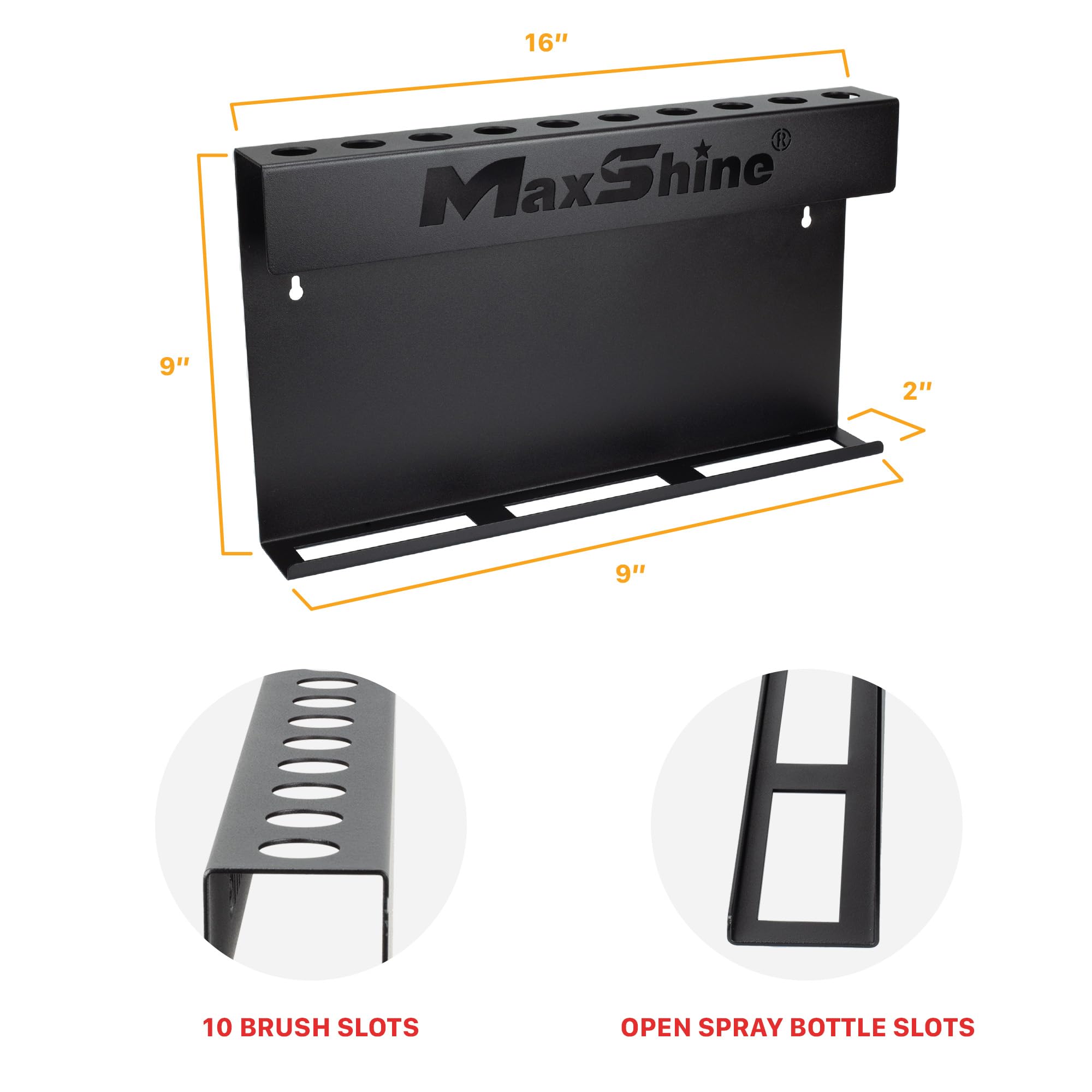 Maxshine Brush & Trigger Bottle Holder H06 Universal | Wall-Mount Organizer Holds 10 Brushes & 6 Spray Bottles | Black Powder-Coated Iron Rack for Garage, Auto Detailing Shop & Car Care Storage