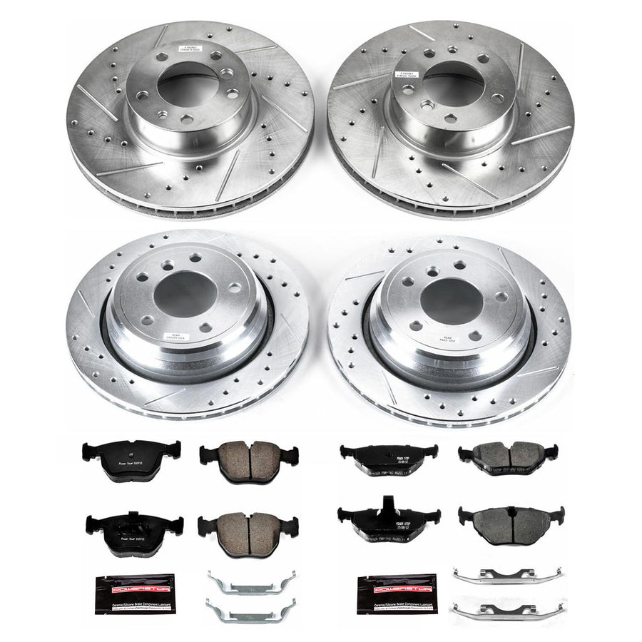 Power Stop K509 Z23 Carbon Fiber Brake Pads Front and Rear with Drilled & Slotted Brake Rotors Kit For BMW 540i 1999-2000 [Model Specific]