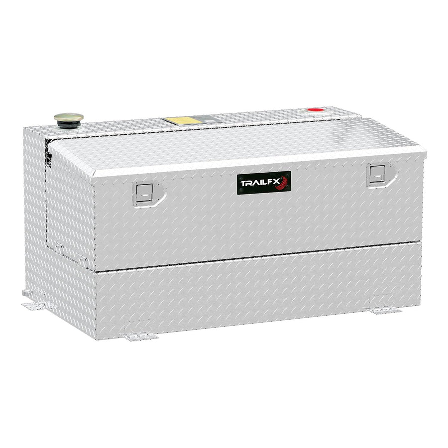 TrailFX Liquid Transfer Tank and Truck Utility Chest Combo, 75 Gallon Diesel/Water Diamond Plate Aluminum 27" L 48" W 24" H Tank 7.5 Cubic Foot 18" L 48" W 15" H Tool Chest Lockable Cap