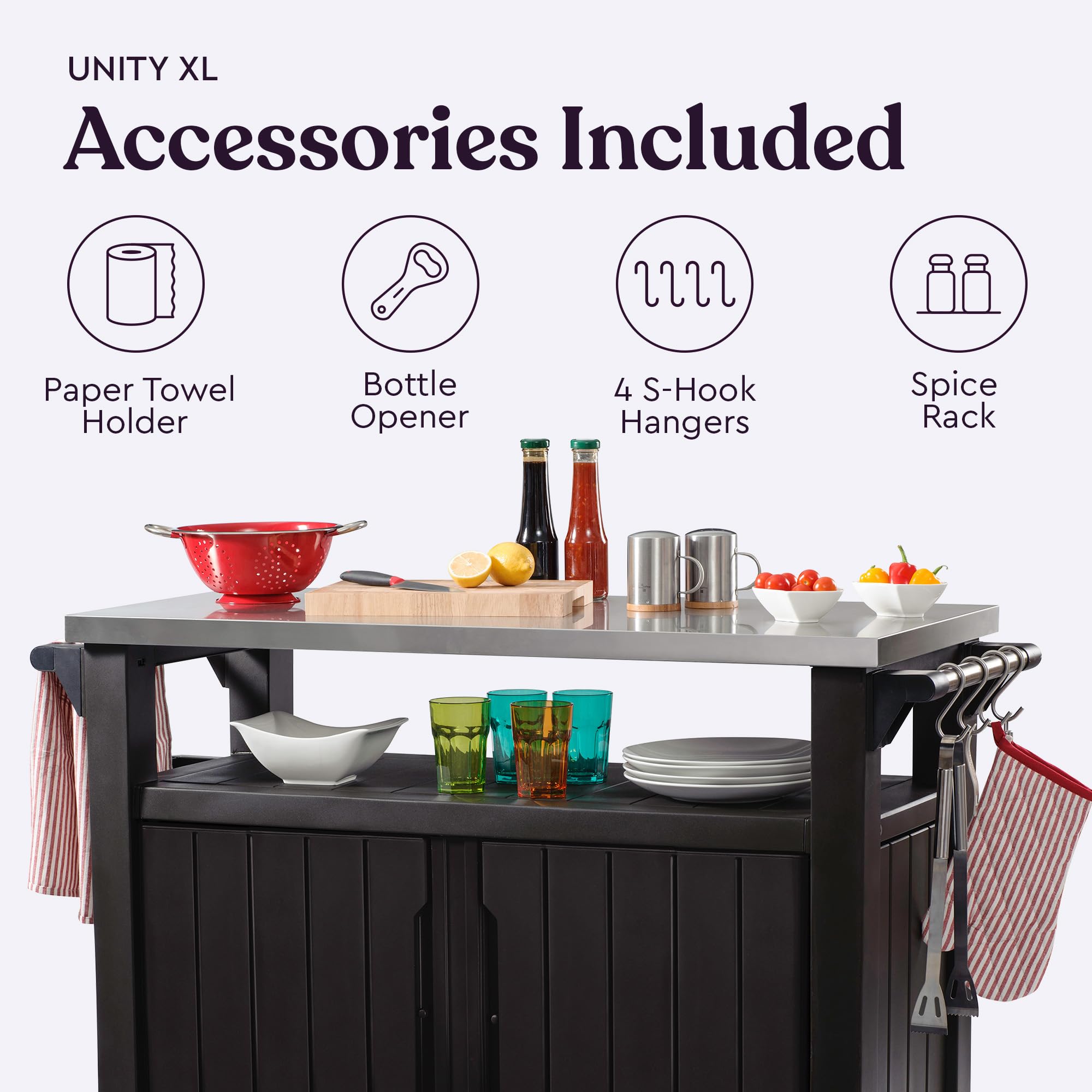 Keter Outdoor Rolling Table Cart for Food Prep, Storage, Dark Brown Bar & Grill - Portable Kitchen Island Tabletop with Wheels for Drinks, Snacks, and Cooking