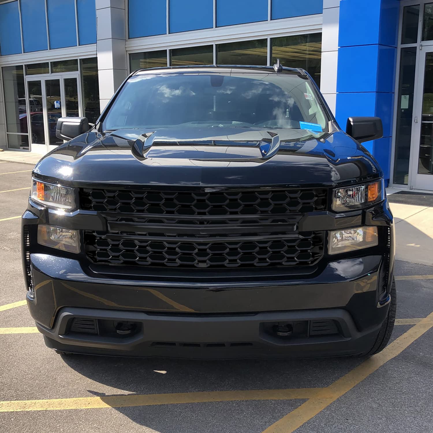 Honeycomb Glossy Black Spec-D Tuning Front Bumper Hood Grill Grille w/Black Trim Compatible with 2019-2022 Chevy Silverado 1500 WT