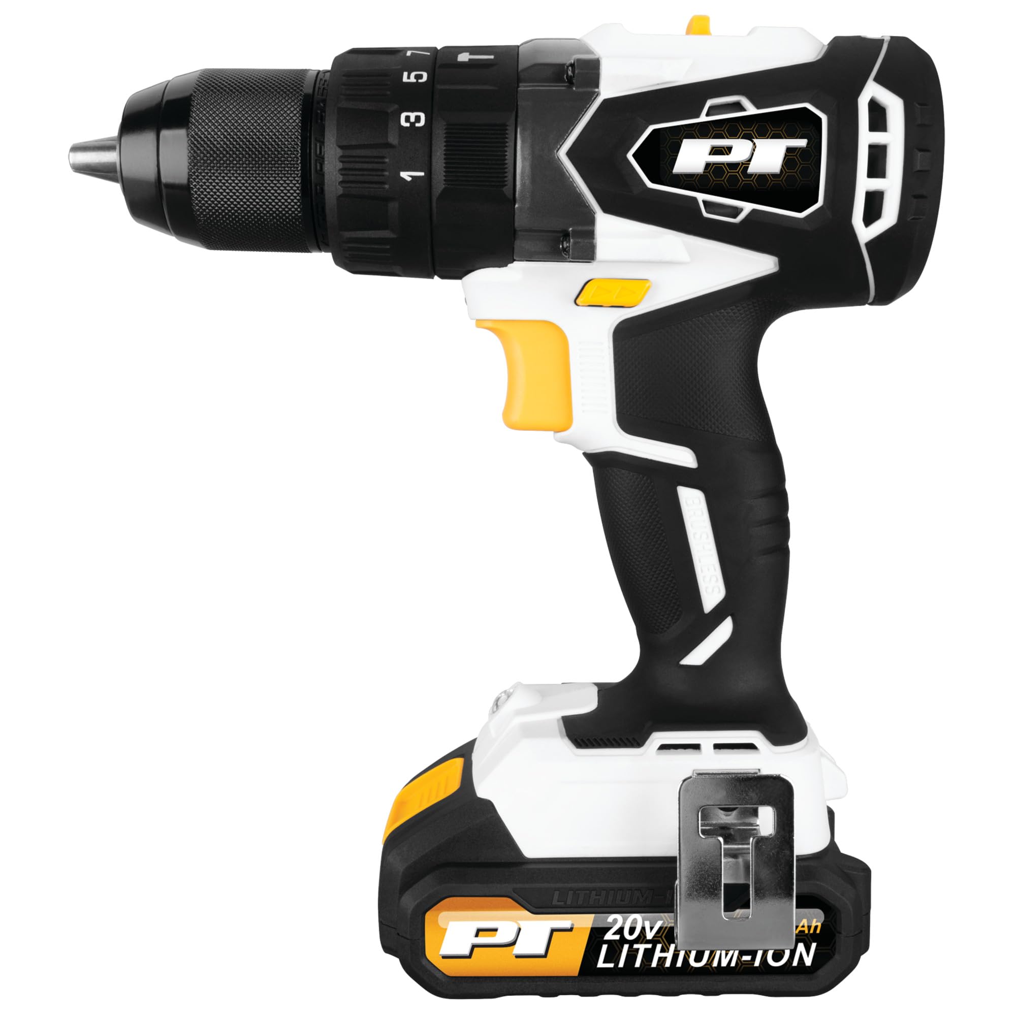 20V Li-Ion Performance Tool W7722 1/2-in Brushless Hammer Drill: 708 in-lb Torque, 2-Speed, Keyless Chuck, 20V, USB-C Quick Charge, Built-In Hook, Storage Case, Black/White
