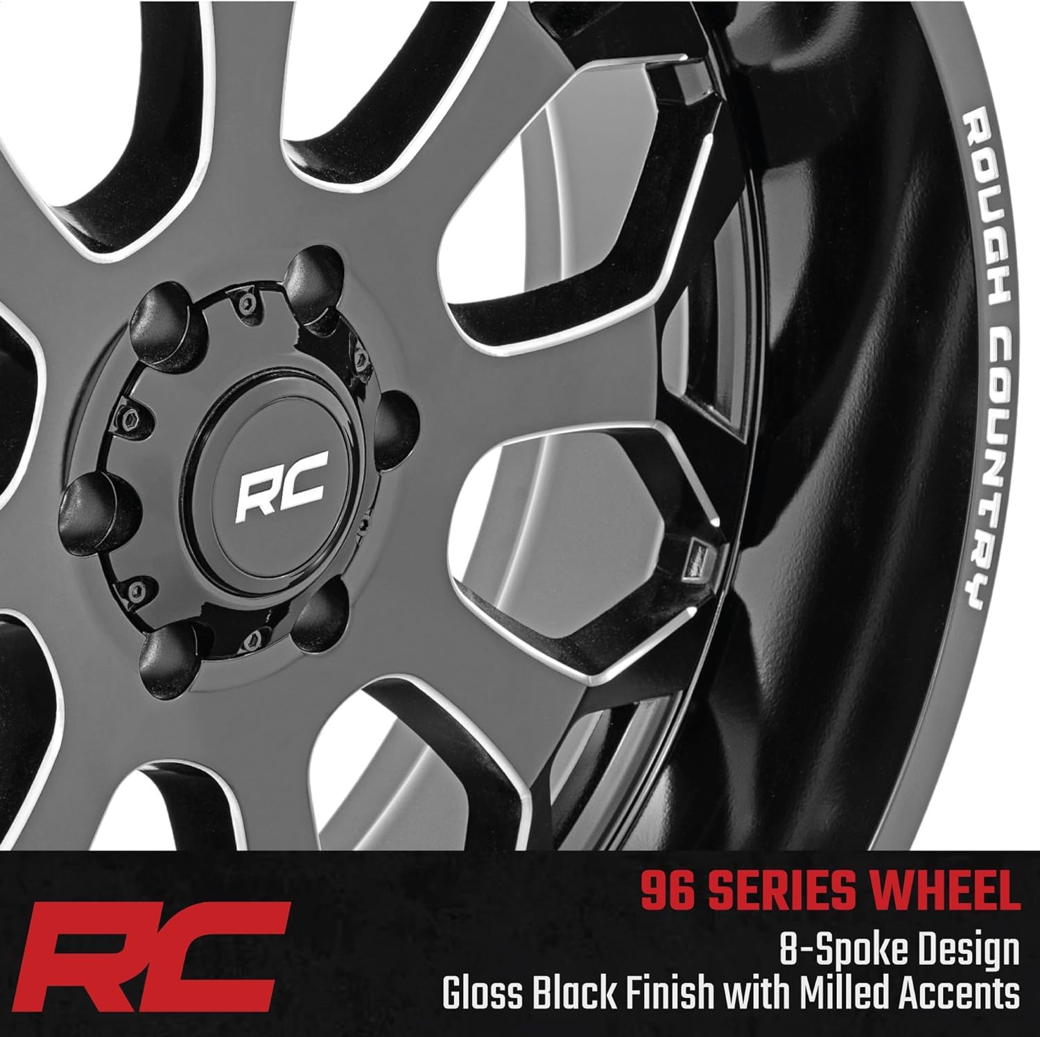 20x9 Rough Country One-Piece Aluminum Wheel, 6x5.5" Bolt Pattern, +0mm Offset - Gloss Black w/Milled Accents, 8-Spoke, Lightweight with Center Cap