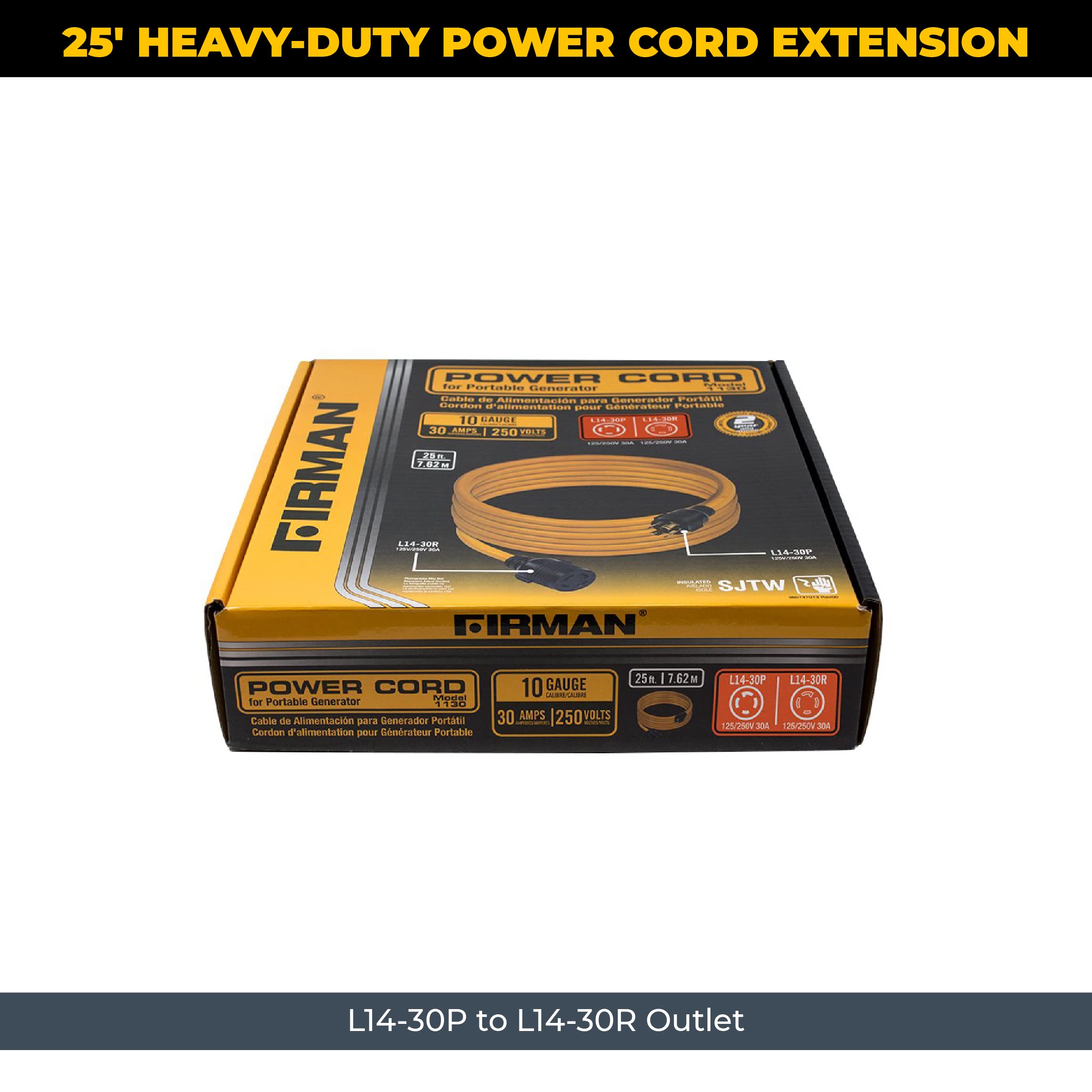 FIRMAN Power Cord, 10AWG with Storage Strap, 30 AMP Wiring, Fully Insulated Extension Cord, L14-30P to L14-30R Outlet, Pack of 1, 25 ft.