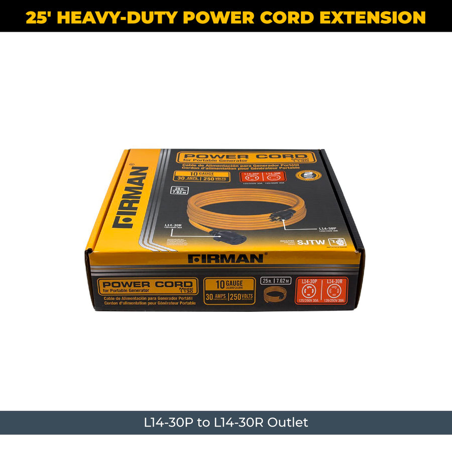 FIRMAN Power Cord, 10AWG with Storage Strap, 30 AMP Wiring, Fully Insulated Extension Cord, L14-30P to L14-30R Outlet, Pack of 1, 25 ft.
