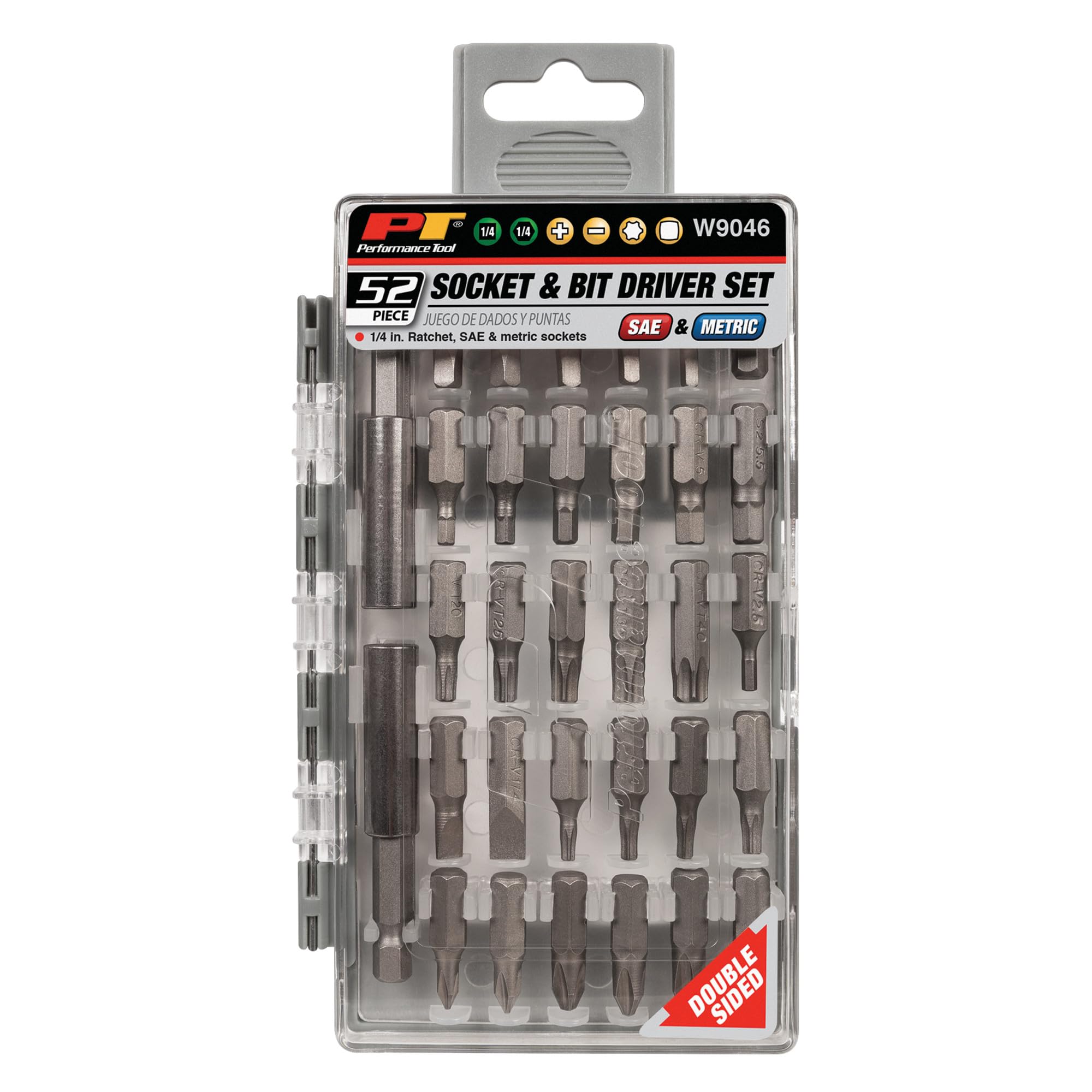 W9046 Performance Tool 52pc Socket and Bit Driver Set with 1/4-Inch Drive Ratchet, SAE and Metric Sockets, and Assorted CR-V Bits in Flip Case