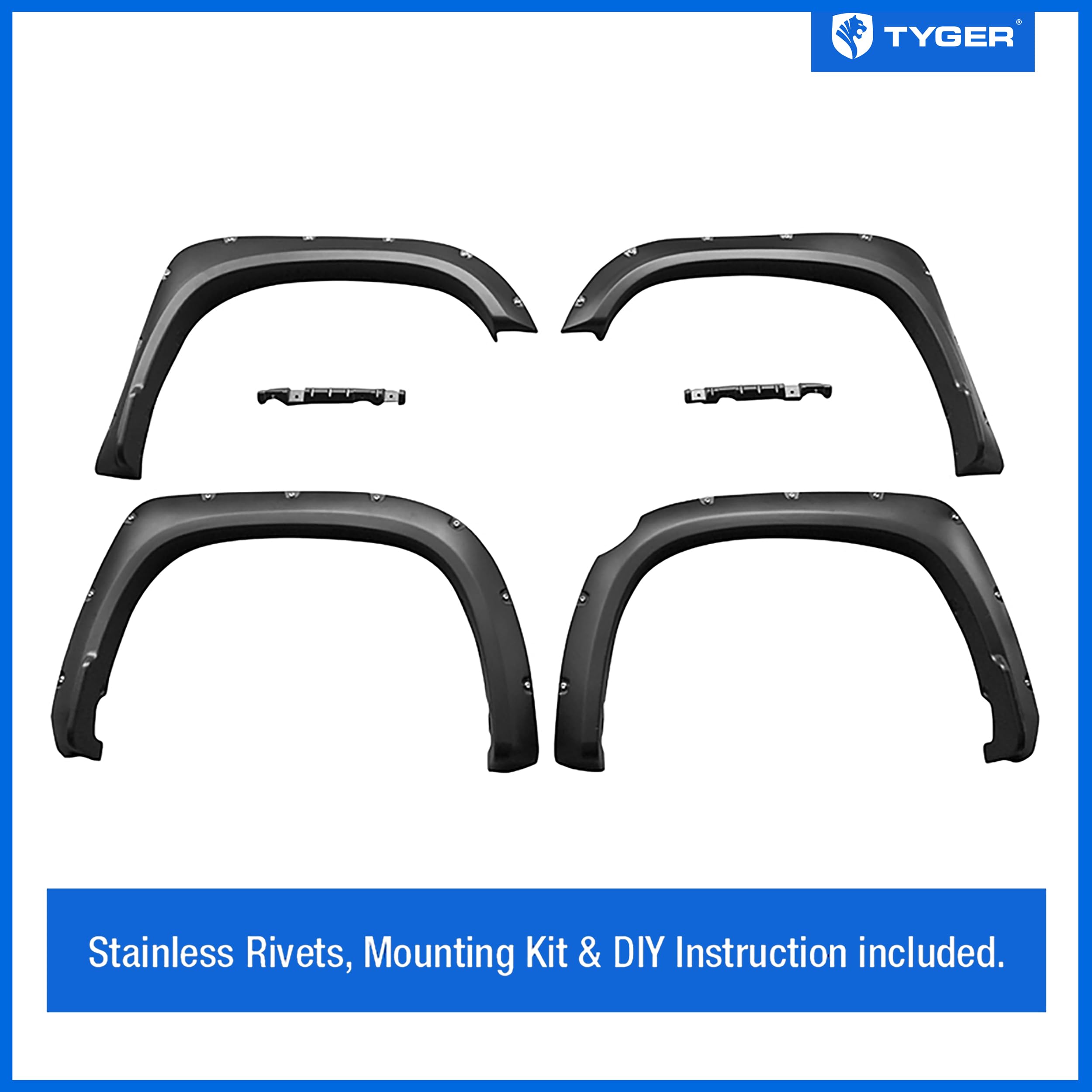 Tyger Auto Fender Flare with Compatible 2014-2021 Toyota Tundra, Smooth Textured Black Paintable Bolt-Riveted Style 4pc | TG-FF8T4178