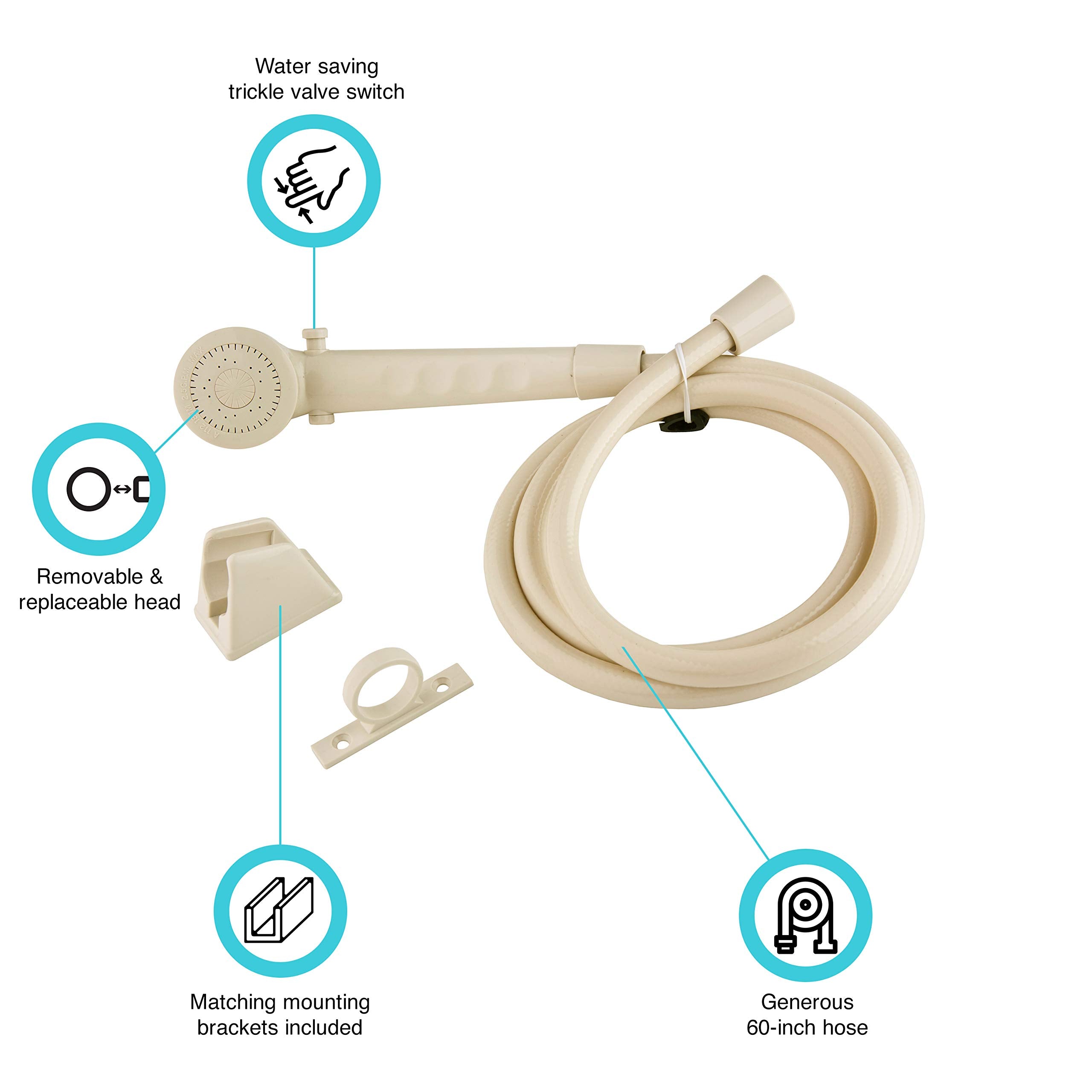 RV High Pressure Dura Faucet (DF-SA130-BQ) Shower Head and 60-inch Hose Kit - Water-Saving Trickle Switch (Bisque Parchment)