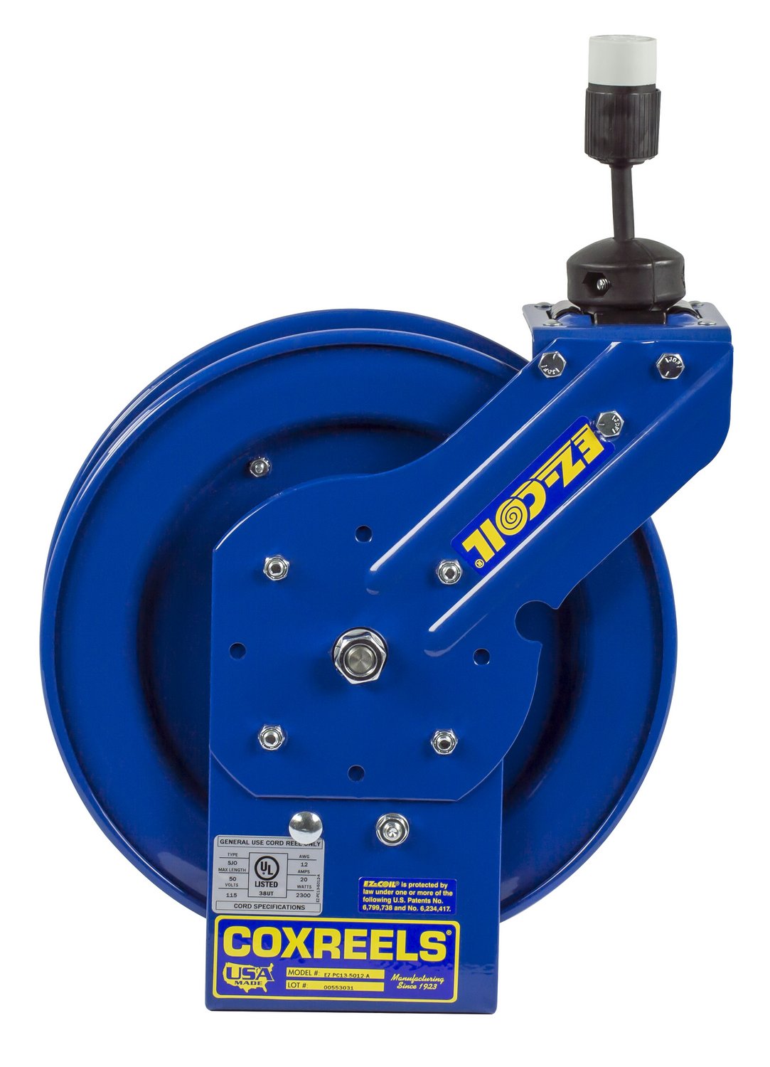 Coxreels Power Cord Reel EZ-Coil Safety Series with Single Receptacle - 50 Ft., Model# EZ-PC13-5012-A
