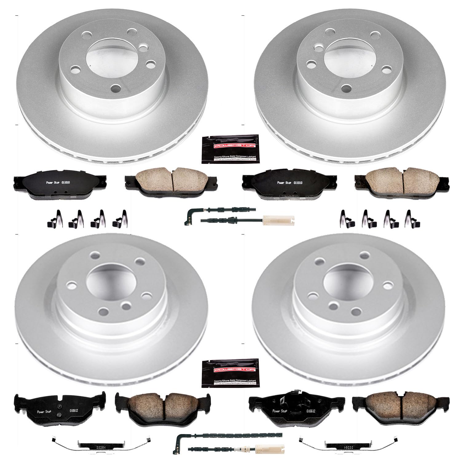 Power Stop Z23 Evolution Geomet Coated Brake Kit and 1 Front & 1 Rear Sensor Wires For BMW 325i 2006 [Specific Model]